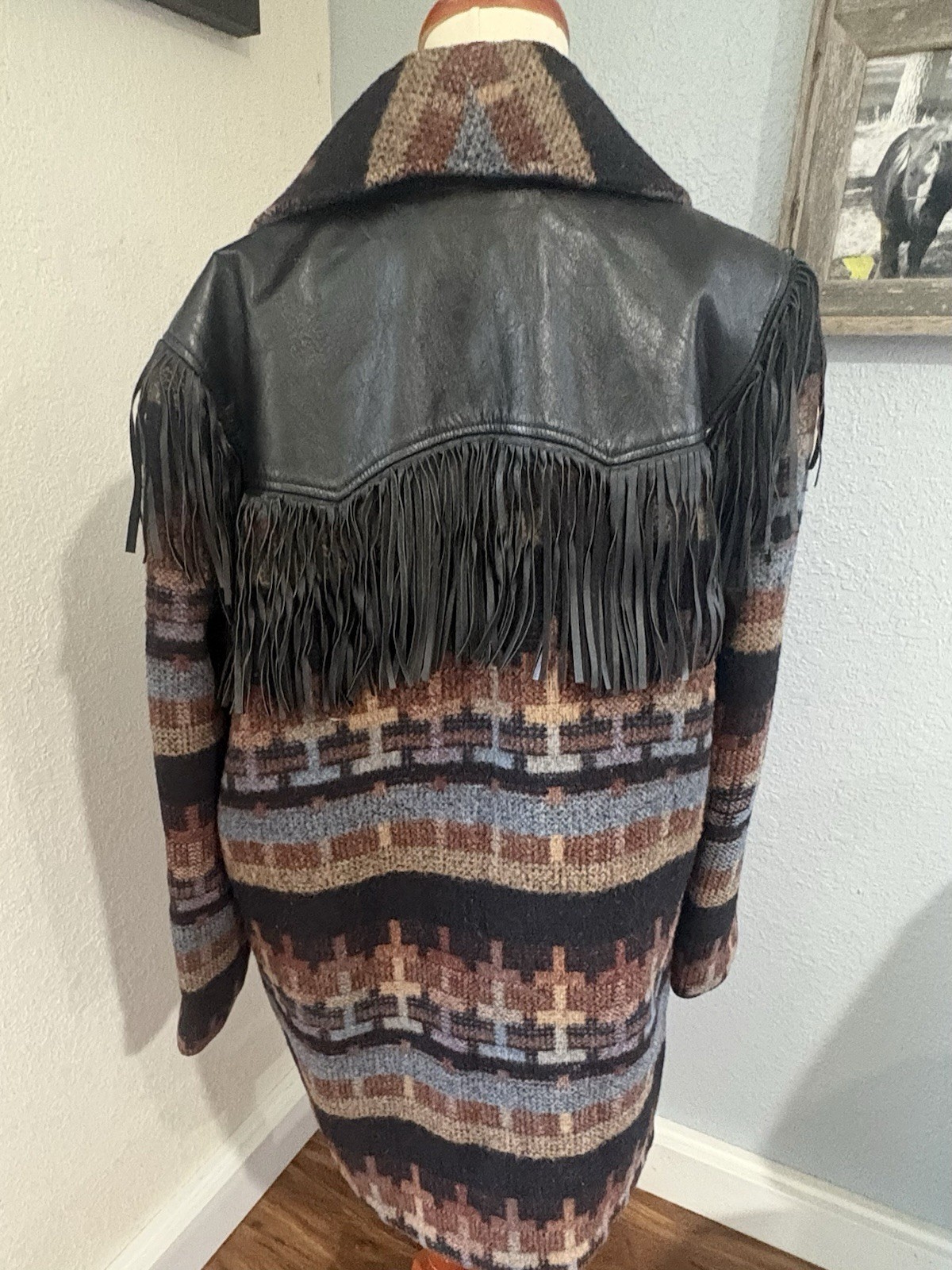Vintage Pioneer Wear Southwestern Wool Blanket Coat Leather Fringe Jacket USA M