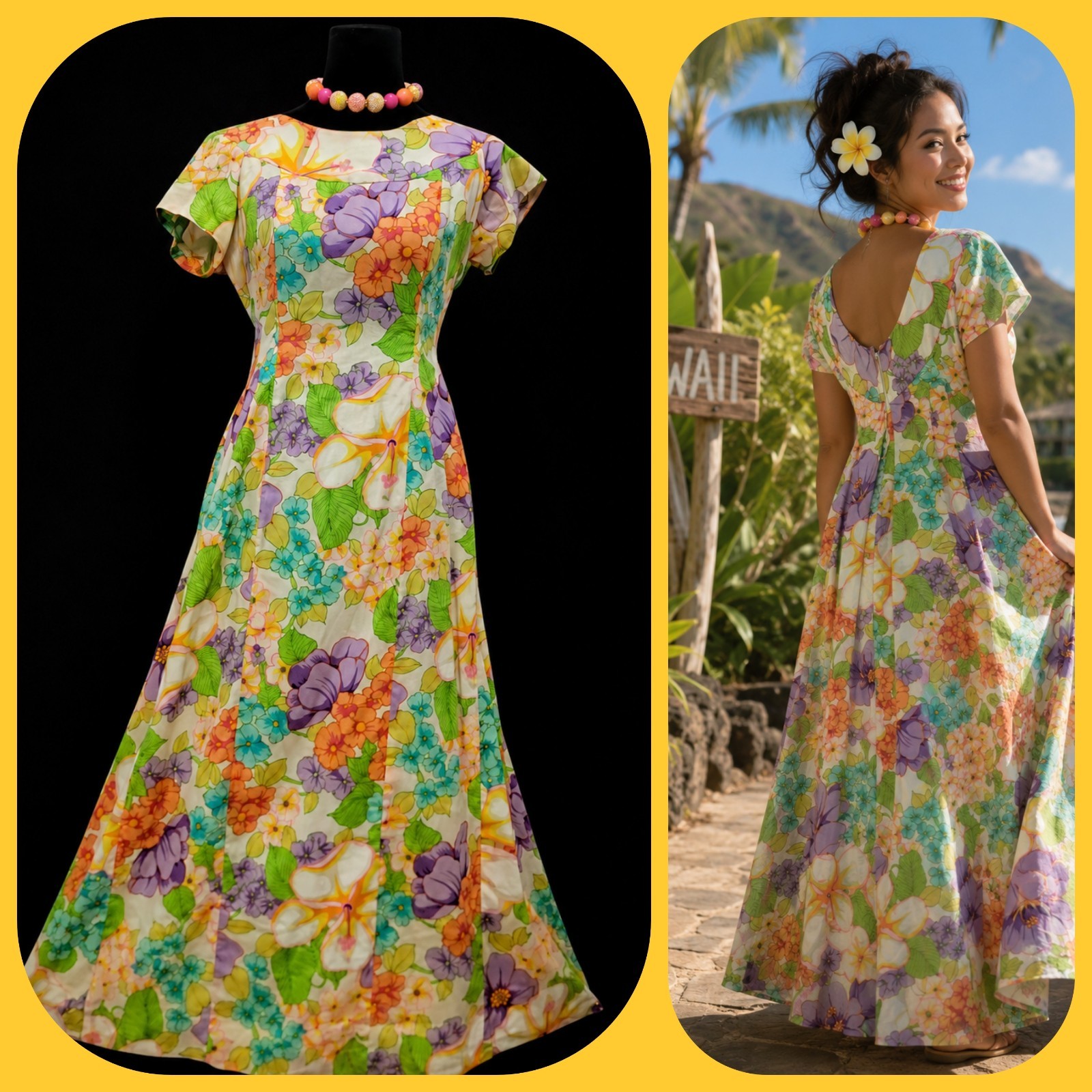 Vintage Made In Hawaii Psychedelic Floral Maxi Dress Tropical Boho Hippie