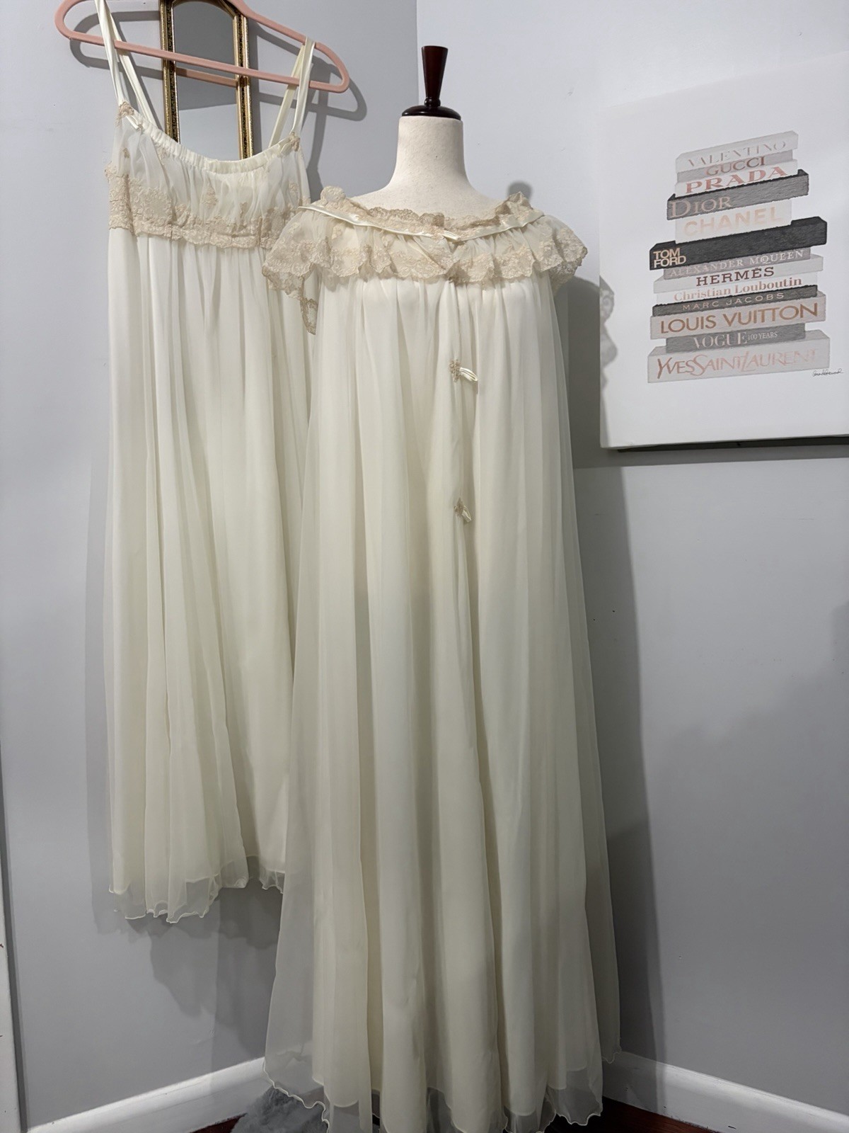 Vintage 1960s Alice Maloof Peignoir Set – Nightgown & Robe in Ivory Cream Lace