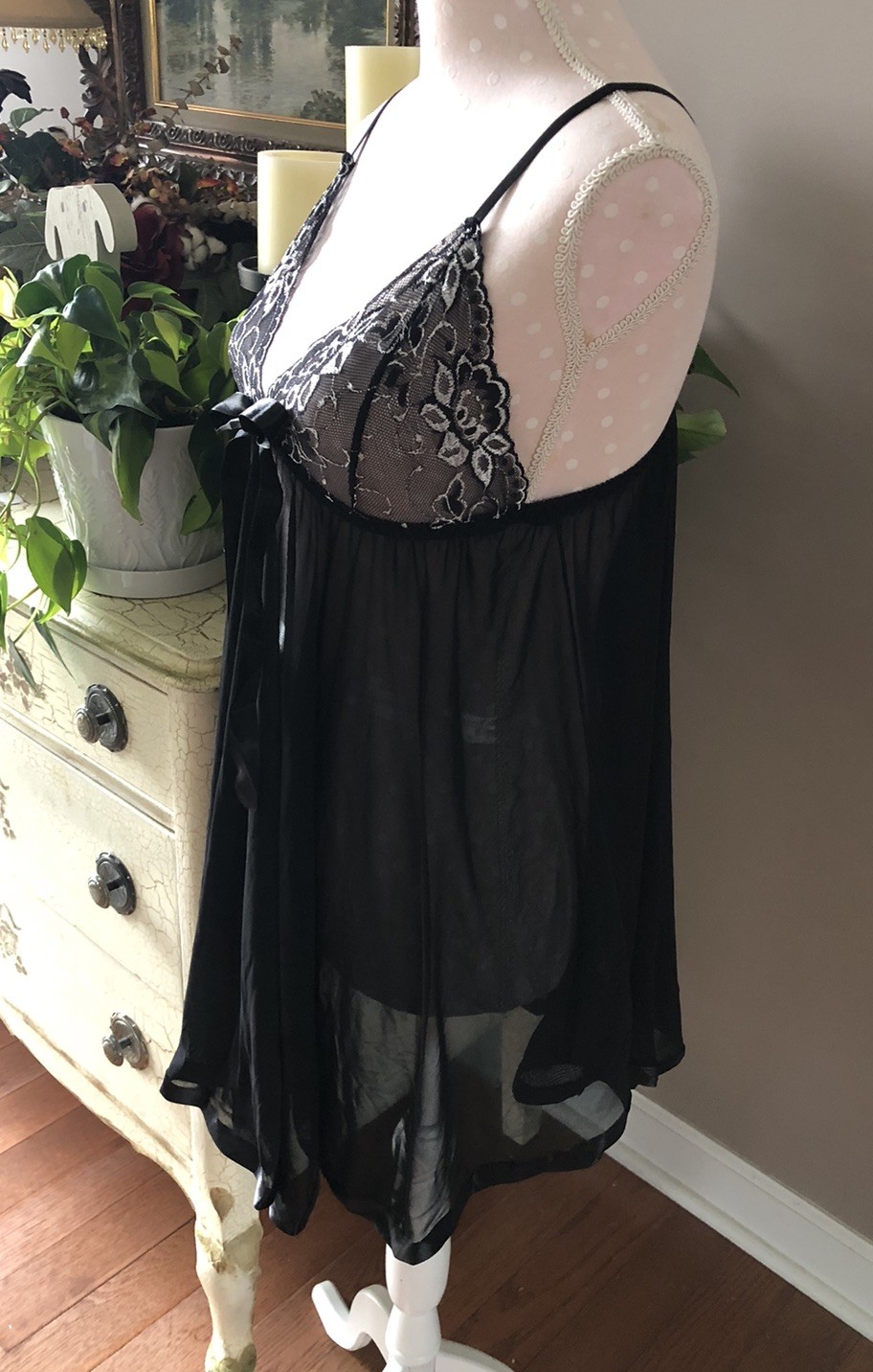Black Babydoll Nightie Nightgown Sexy Full Sweep Skirt W/Silver Accents Size 3XL