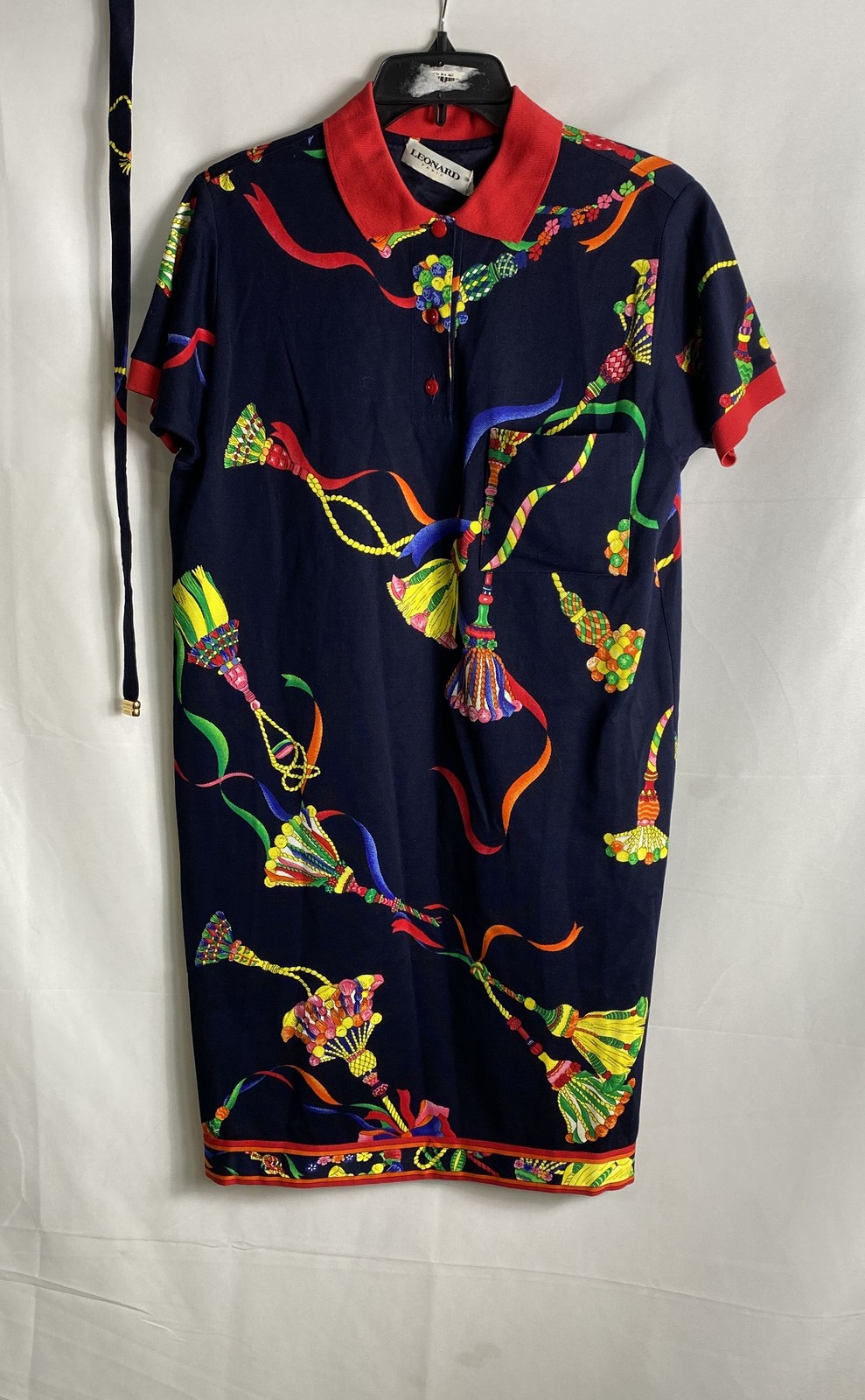 Leonard Paris Women’s Vintage 90s Navy Tassel Rope Print Cotton Polo Dress Sz 40