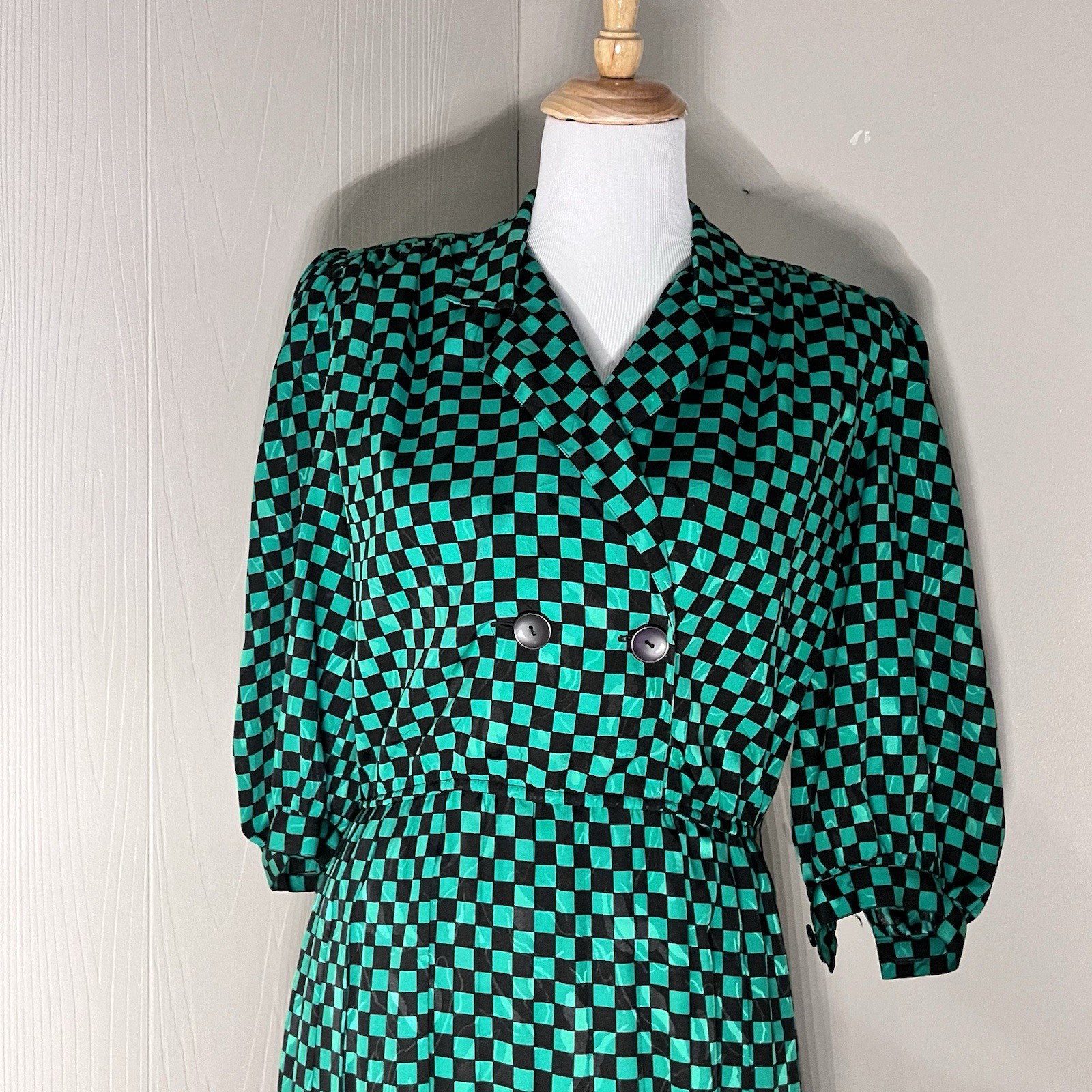 Jaymee Papell Vintage 80’s Green Checkered Dress Cinch Waist Sz 6