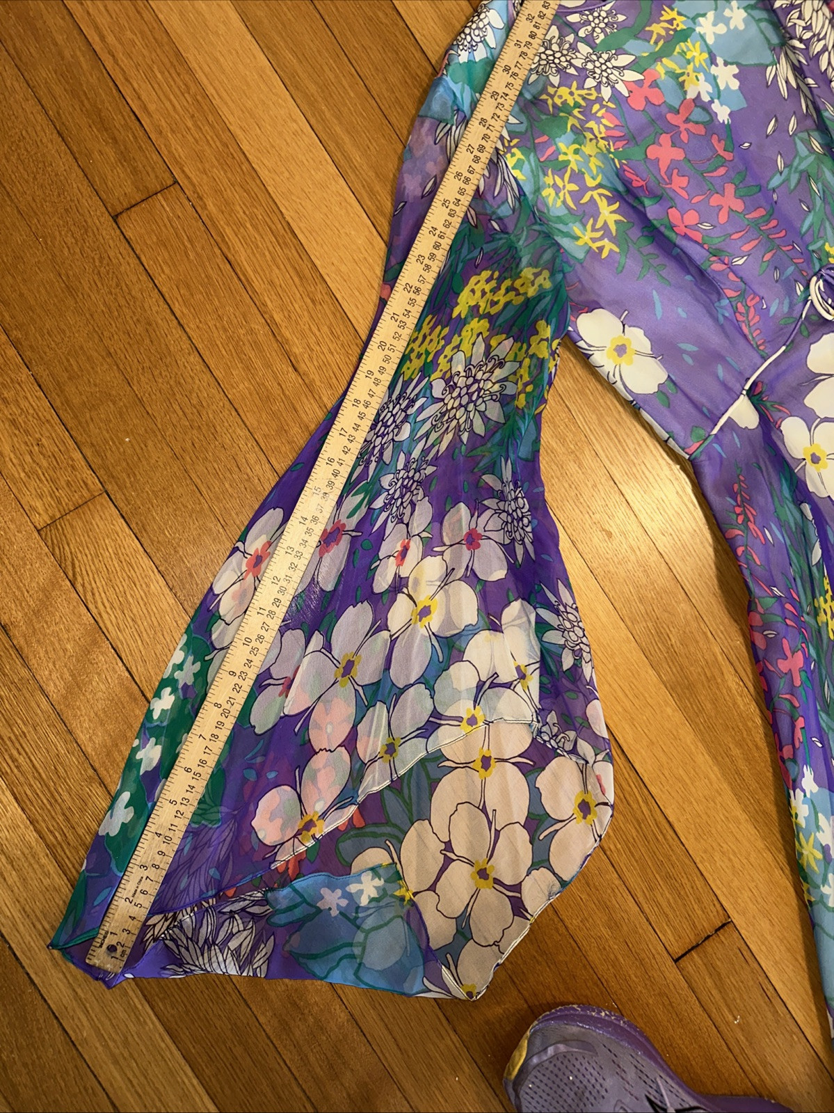 Vintage 60s 70s Parues Feinstein Flowy Flower Purple Long Dress Floral Sheer