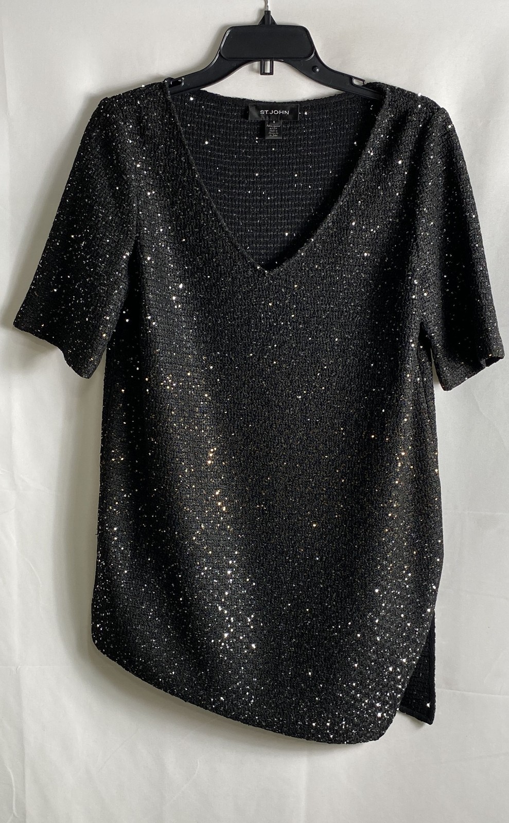 Vintage 90s St. John Women’s Black Sequin V-Neck Knit Blouse Tunic Sz S