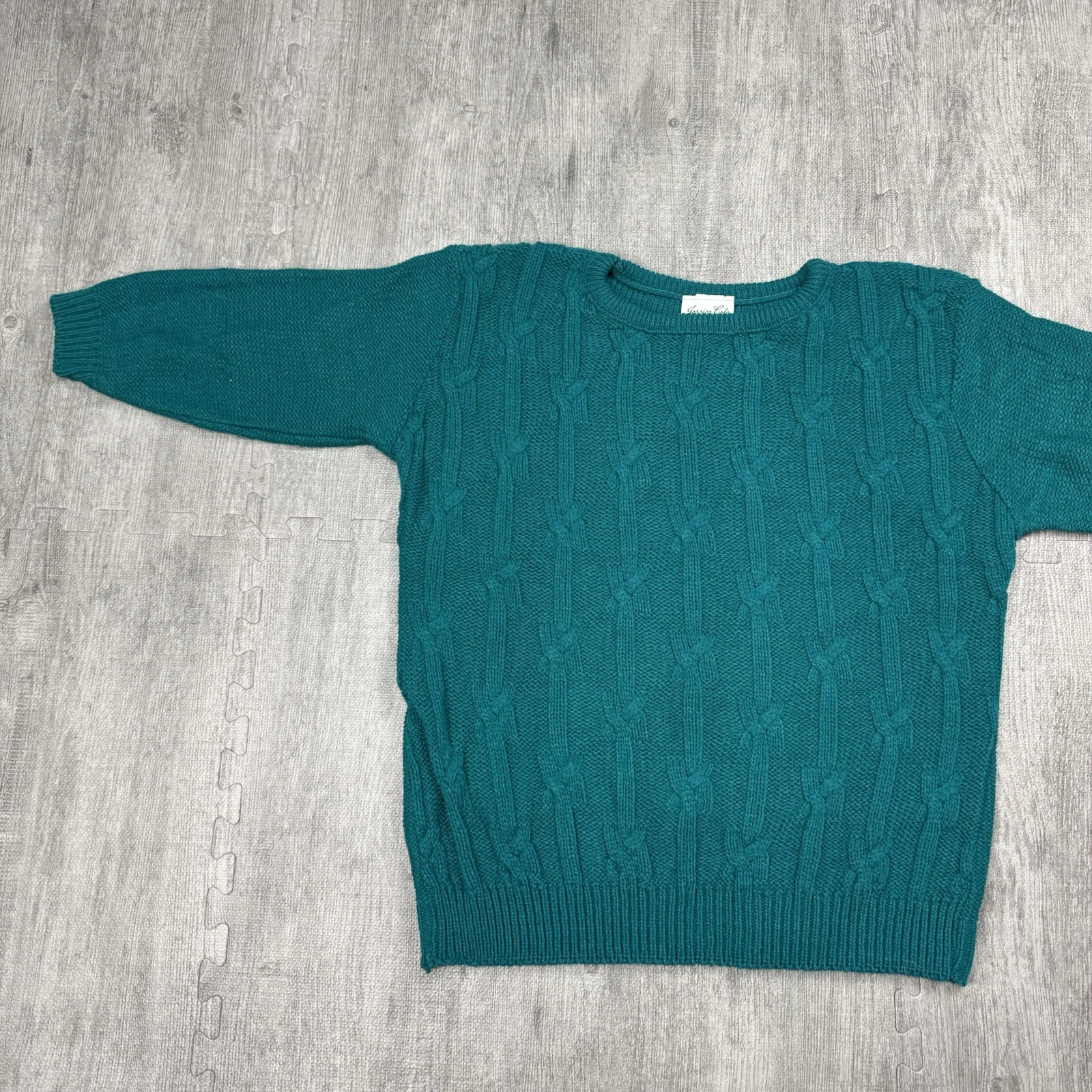 VTG 80S JESSICA COLE ELEGANT CABLE KNIT 3/4 SLEEVE USA ACRYLIC SWEATER TEAL L