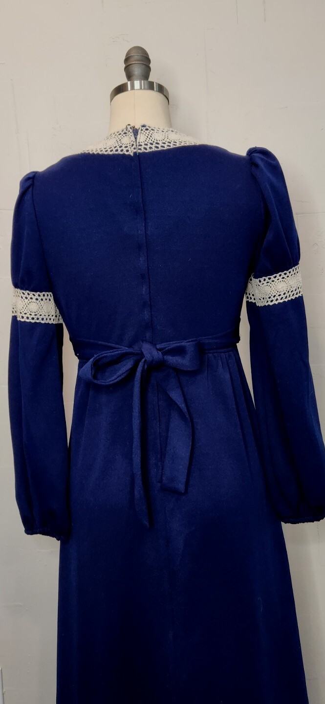 Vintage 70s Royal Blue Ivory White Lace Maxi Dress Tie Empire Waist S or M