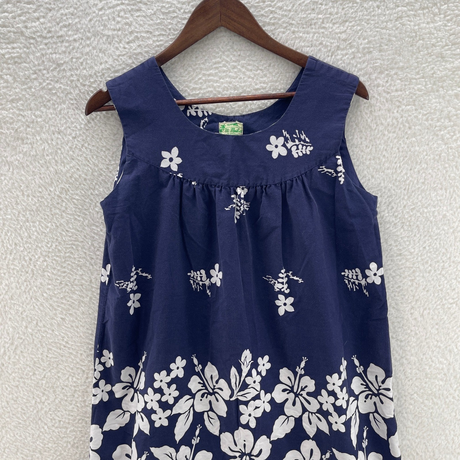 True Vintage 50s Ui Maikai Hawaiian Shift Dress Medium* Blue White Floral Aloha