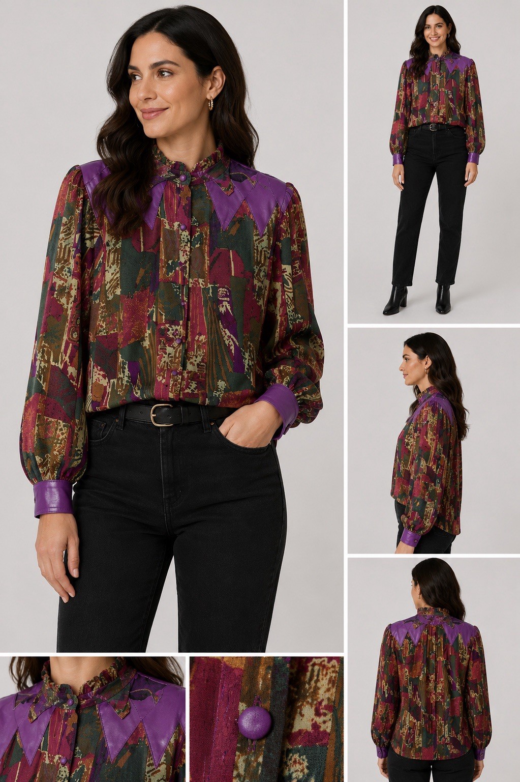 Vintage Marc D’Alcy Blouse Size 2 Abstract Purple Faux Leather Trim Shirt