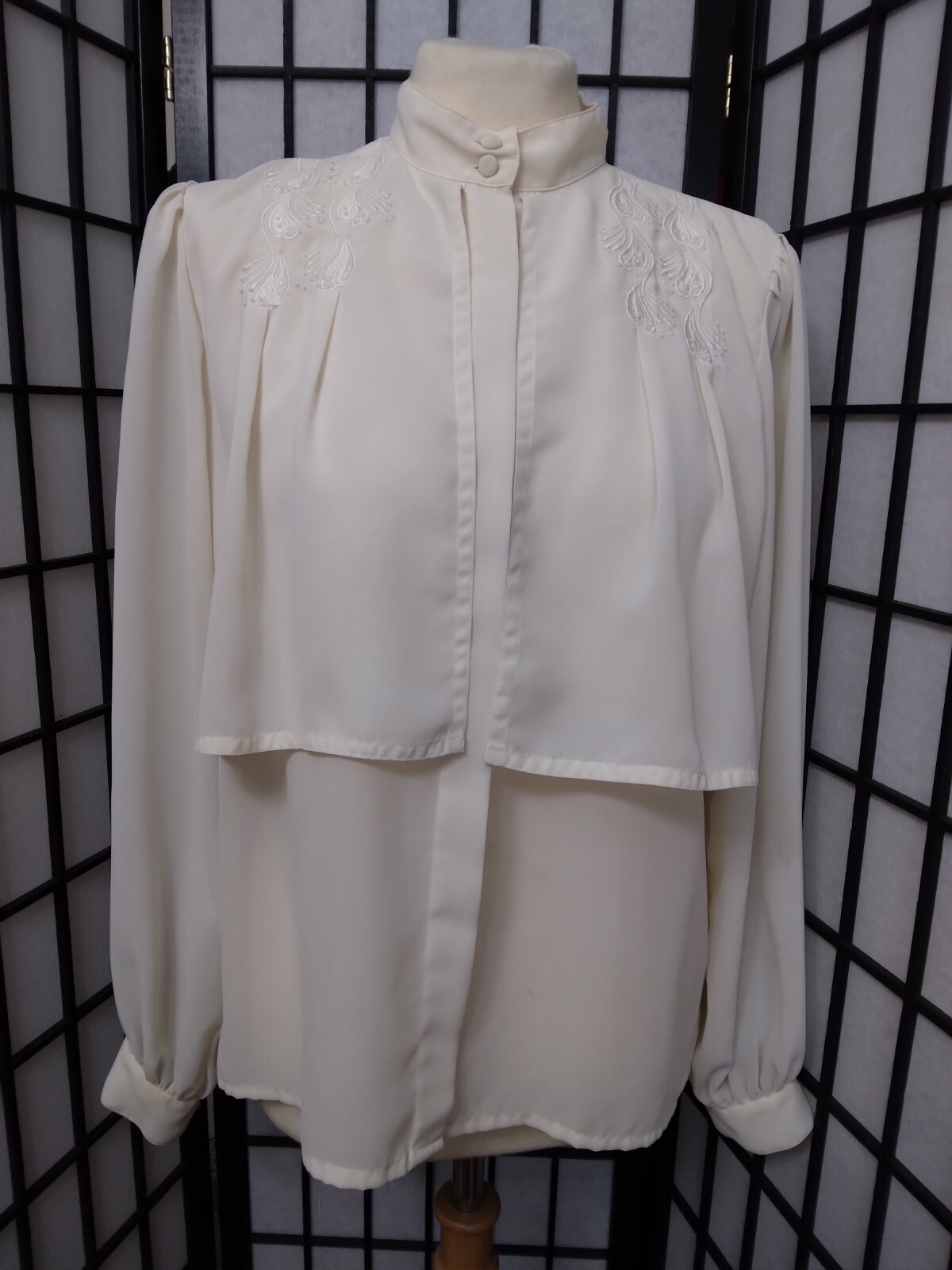 Carry Back Vintage Polyester Blouse Beige Embroidered & Beads Long Sleeve 11/12