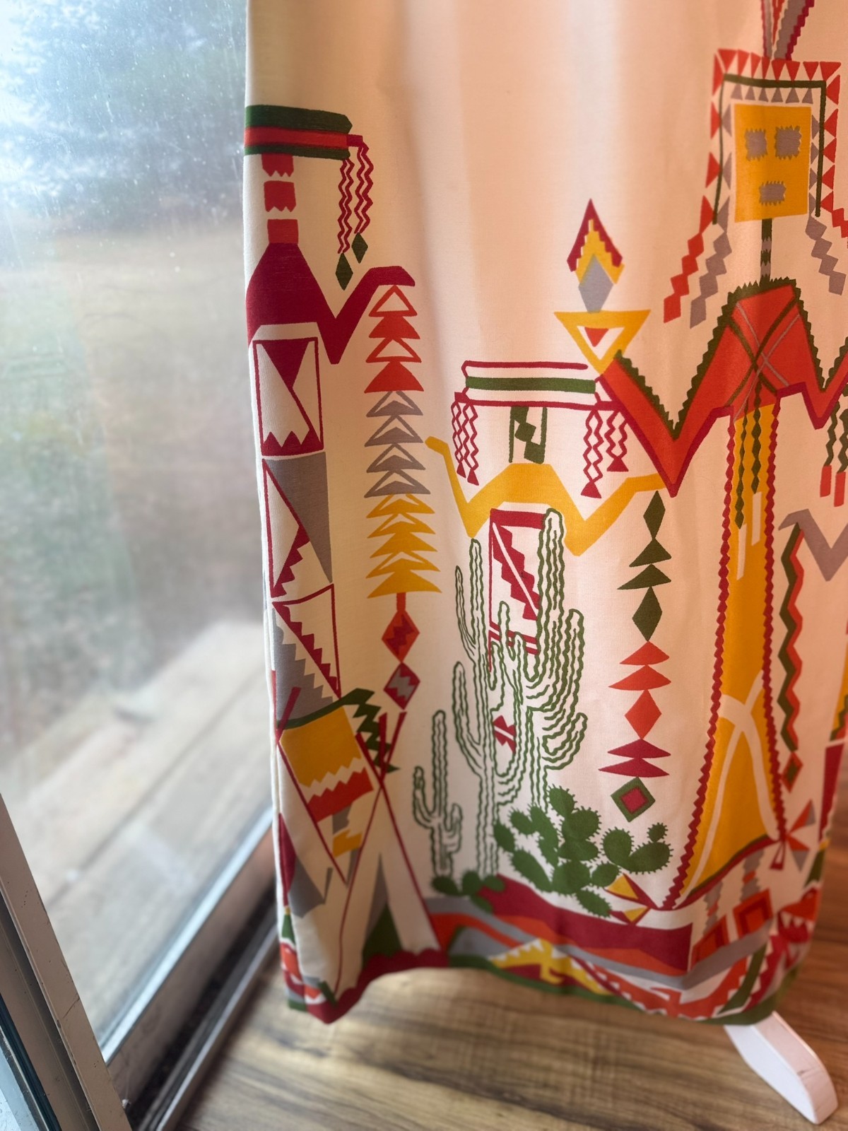 Vtg 1960s 70s Maxi DRESS Kachina Doll CACTUS Print Native FOLK ART Skirt XS/S