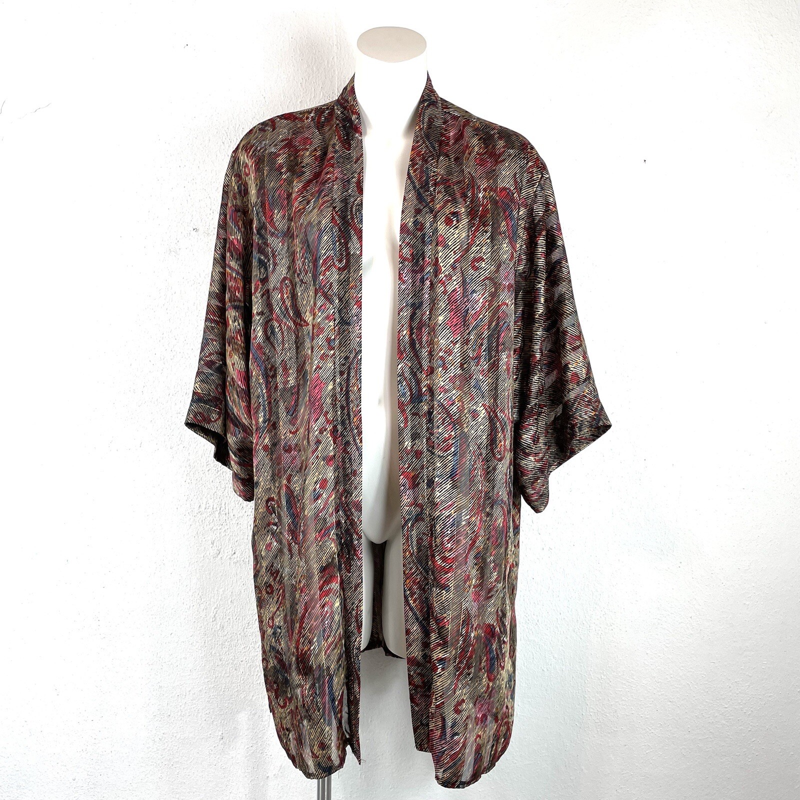 Vintage 80s Sheer Metallic Paisley Open Front Kimono Style Cardigan One Size