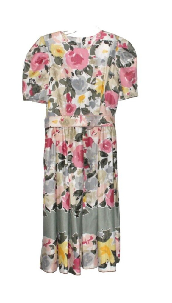 Vtg Nieman Marcus Dress Floral Pleated Skirt Puff Sleeves See Measurements