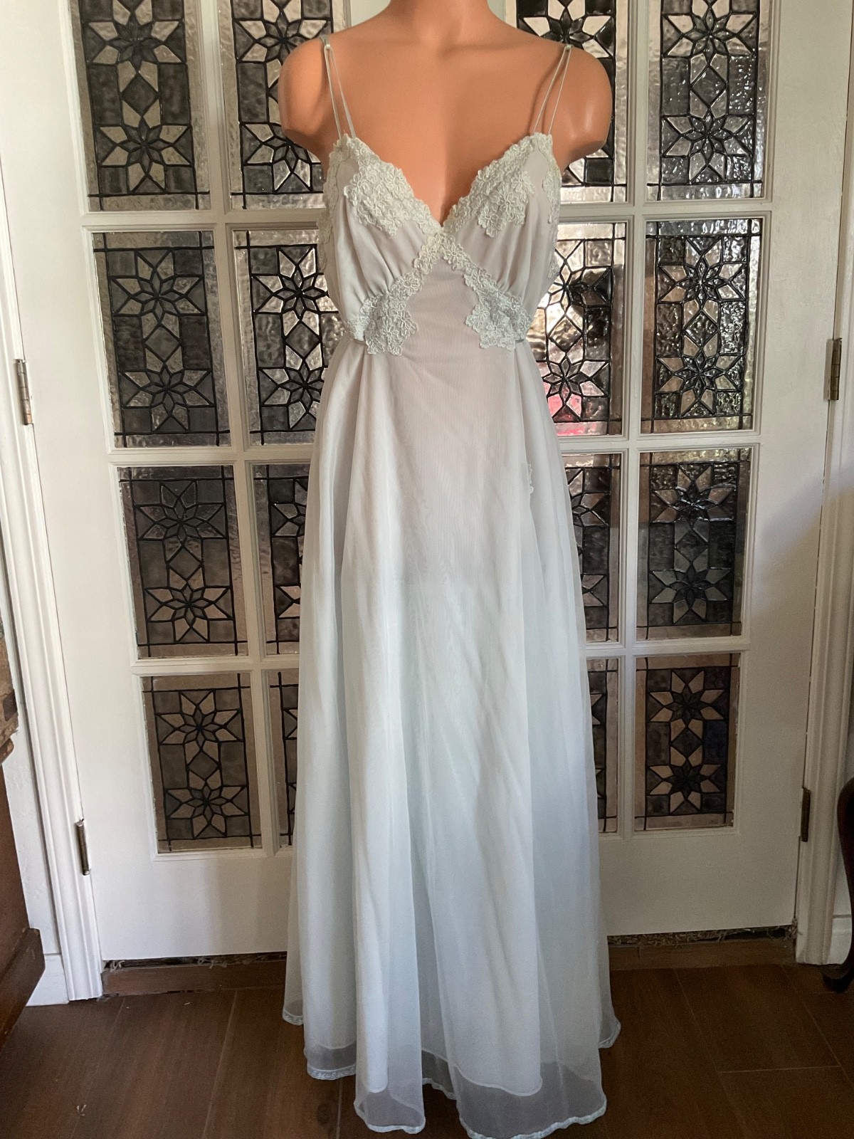 Vintage Gotham Gold Stripe Blue Nightgown Chiffon Nylon Lace Trim Size 36 USA