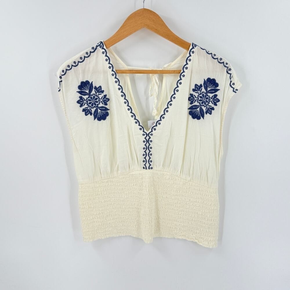 Old Navy Embroidered Peasant Top Ivory Blue Large Coastal Boho Cottage