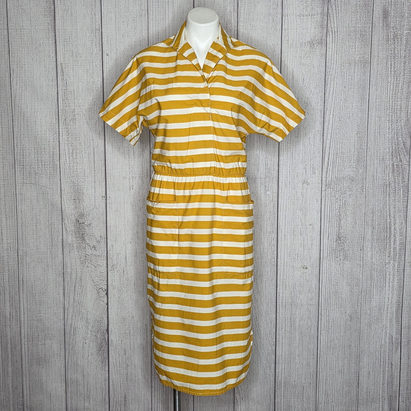 VTG 80s Katie MFG Mustard Stripe Dolman Pocket Dress ILGWU USA, sz S/M