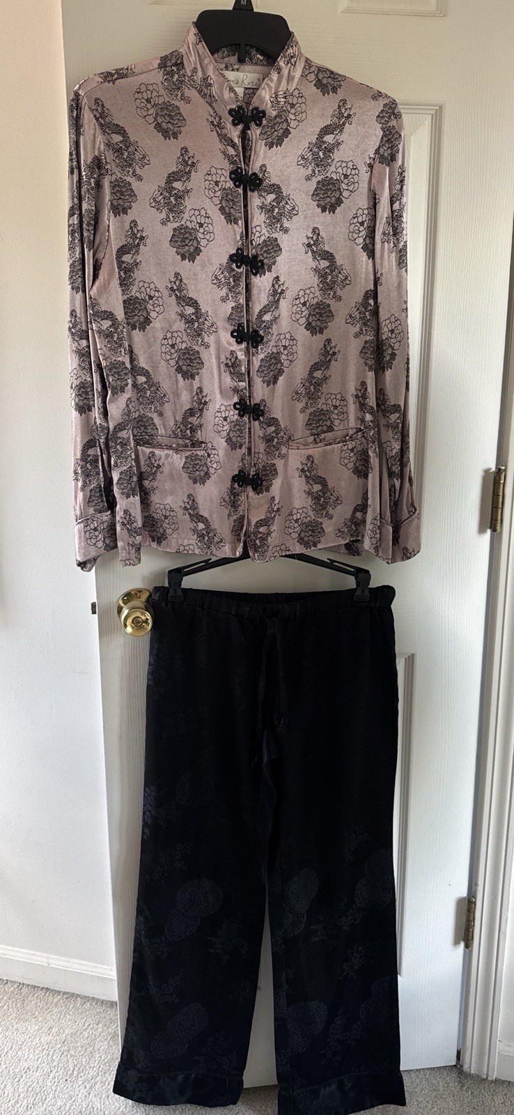 Vtg Claire’s Rose 2 Piece Set Dragon Satin Brocade Jacket & Pants Size S