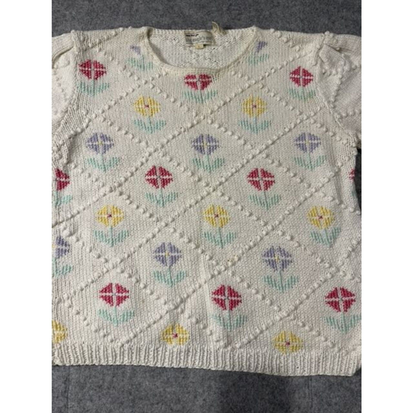 Vintage The Eagle’s Eye Hand Knit Floral Sweater Tee Women’s L Cottagecore