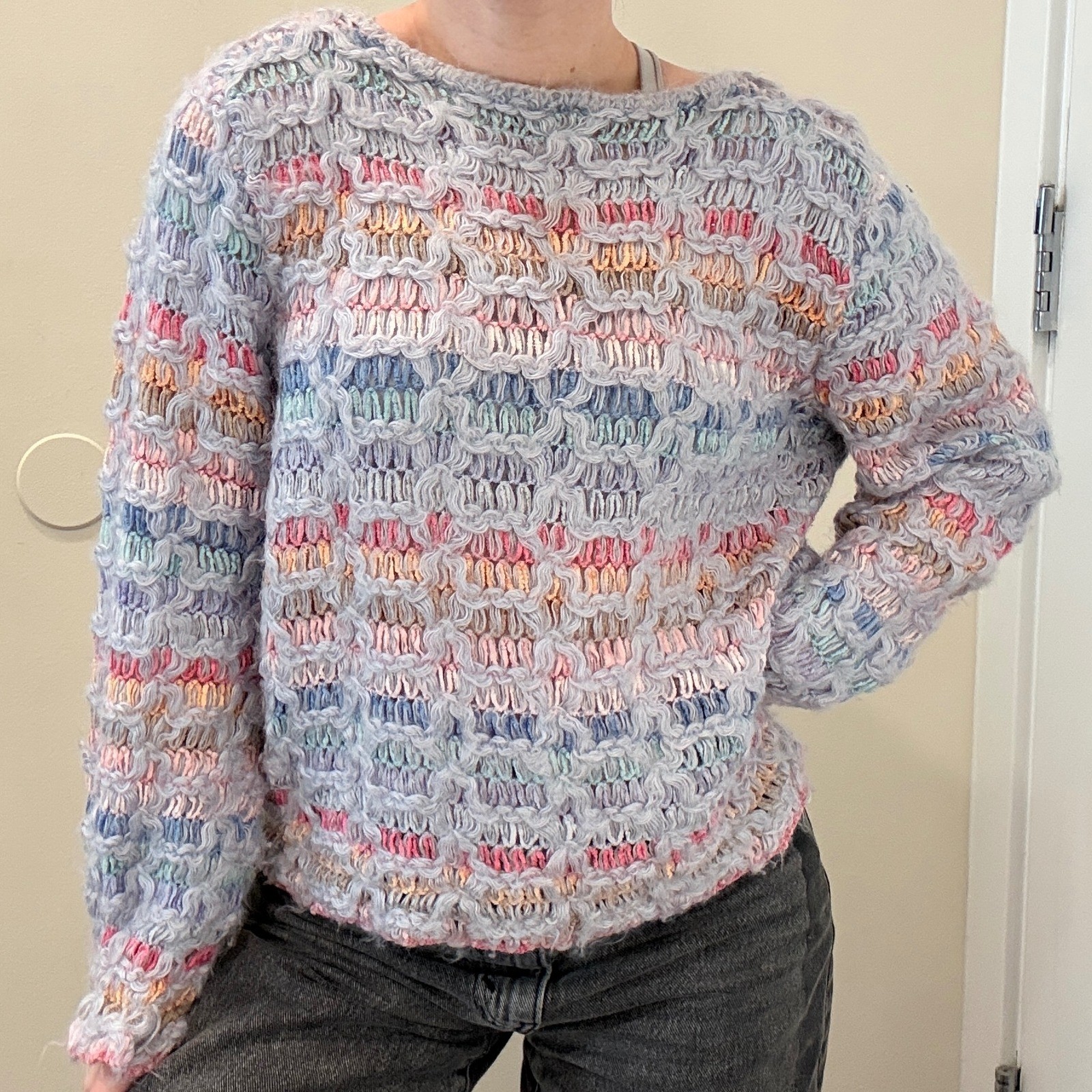 VTG 80s Bonnie and Bill Pastel Rainbow Textured Open Knit Sweater Granny Small