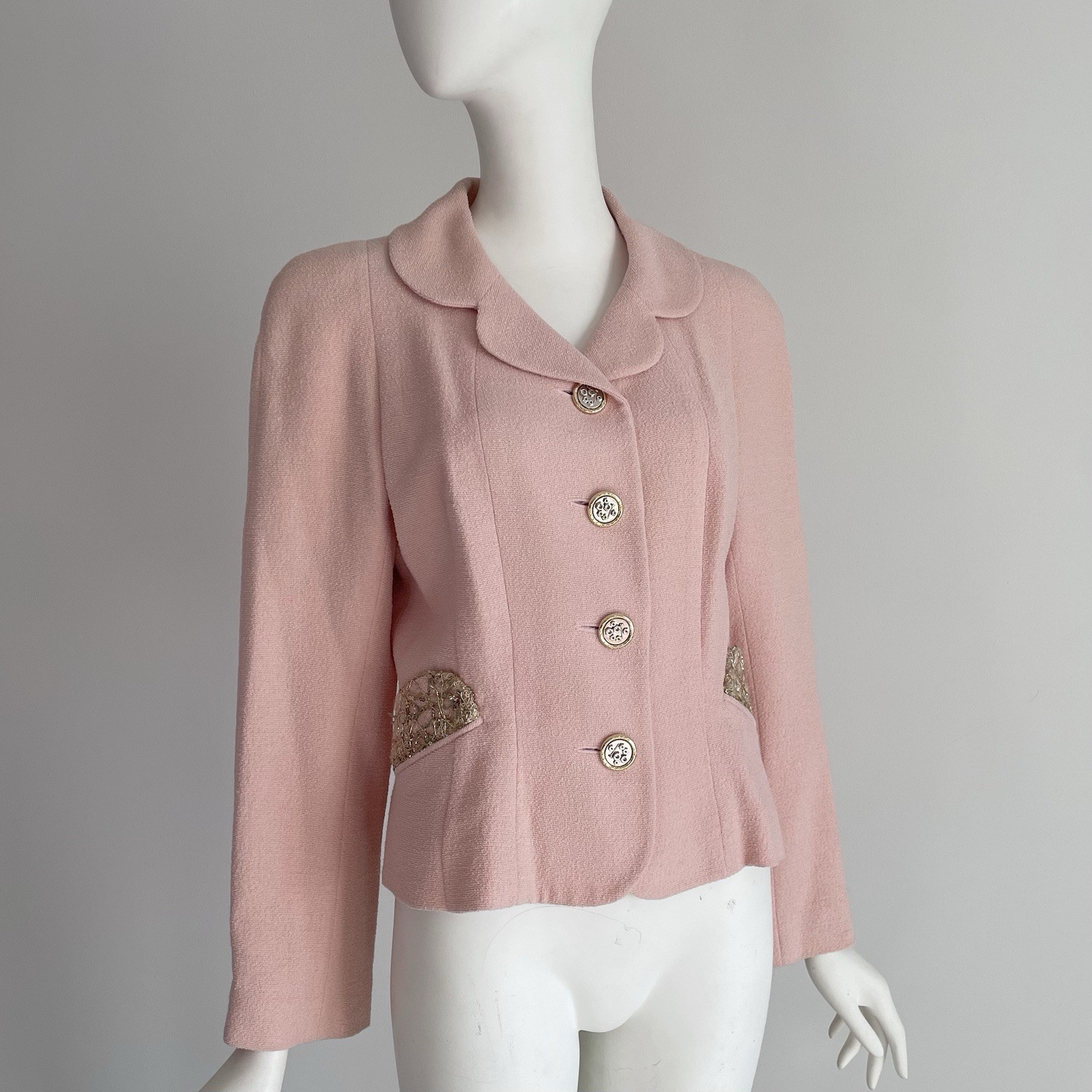 Vintage 1990s Balenciaga Pink Bouclé Jacket Blazer Sequin Gold Silver Size Large
