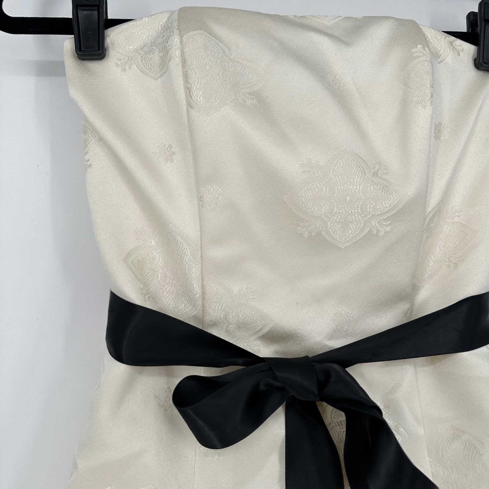 VTG Caché Ivory Satin Floral Mini A-Line Cocktail Party Dress Strapless Belted 4