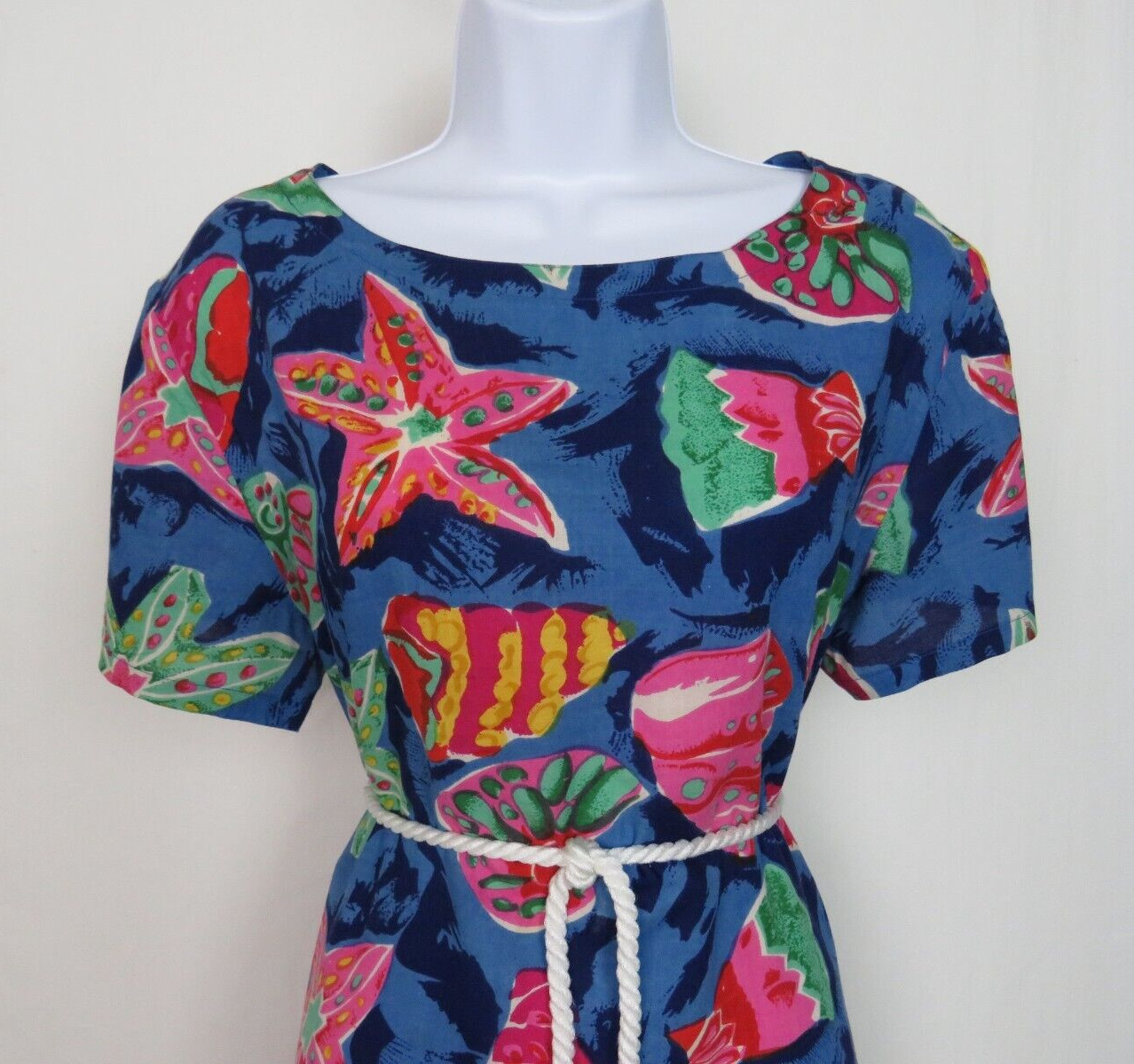 VTG 1990s PEPPERMINT BAY TROPICAL OCEAN DRESS STARFISH SEA SHELLS ROPE BELT