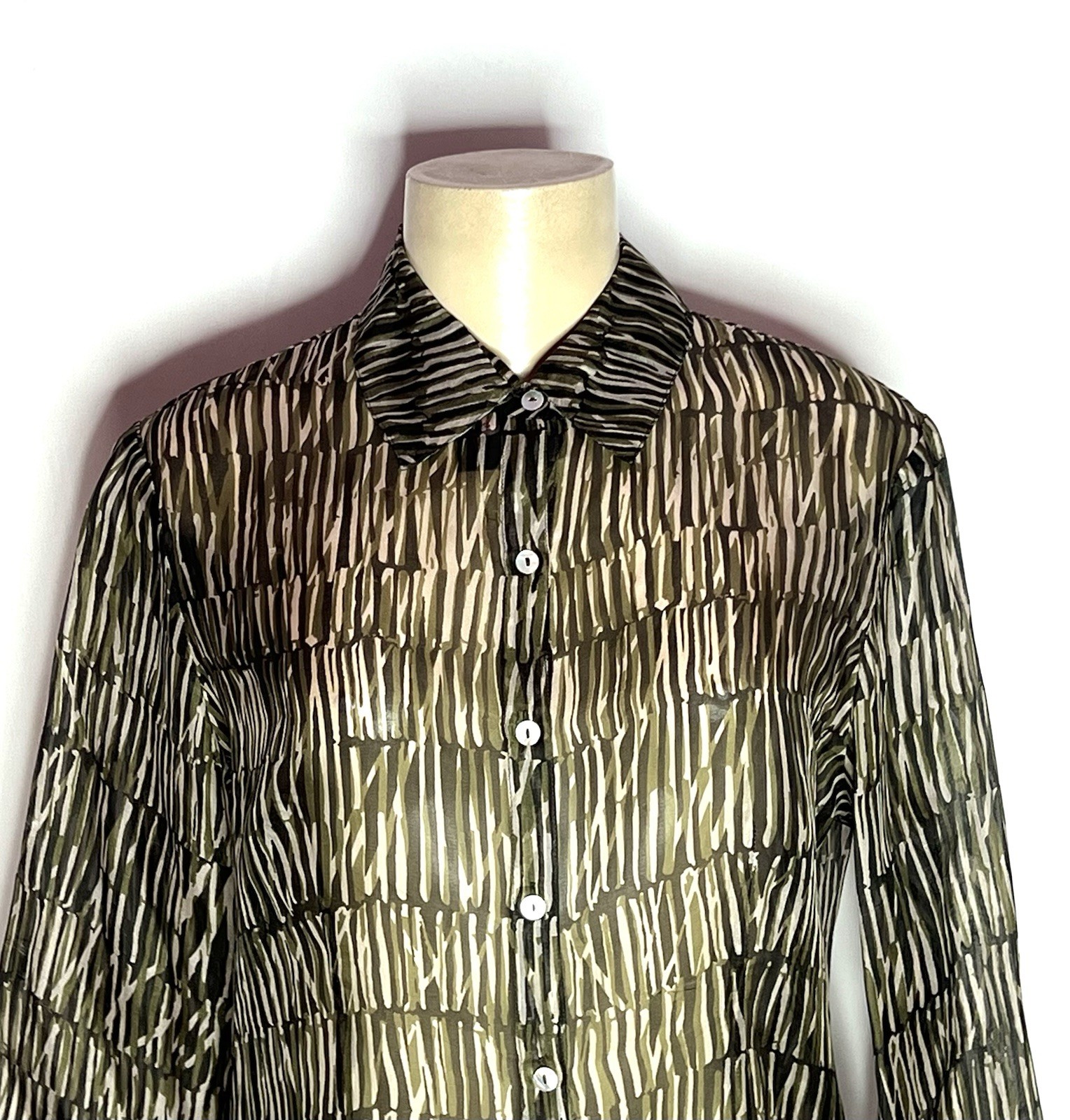 VINTAGE BOBBIE BEE OLIVE GREEN MULTI PRINT LONG SLEEVE 100% SILK BLOUSE SZ 6p