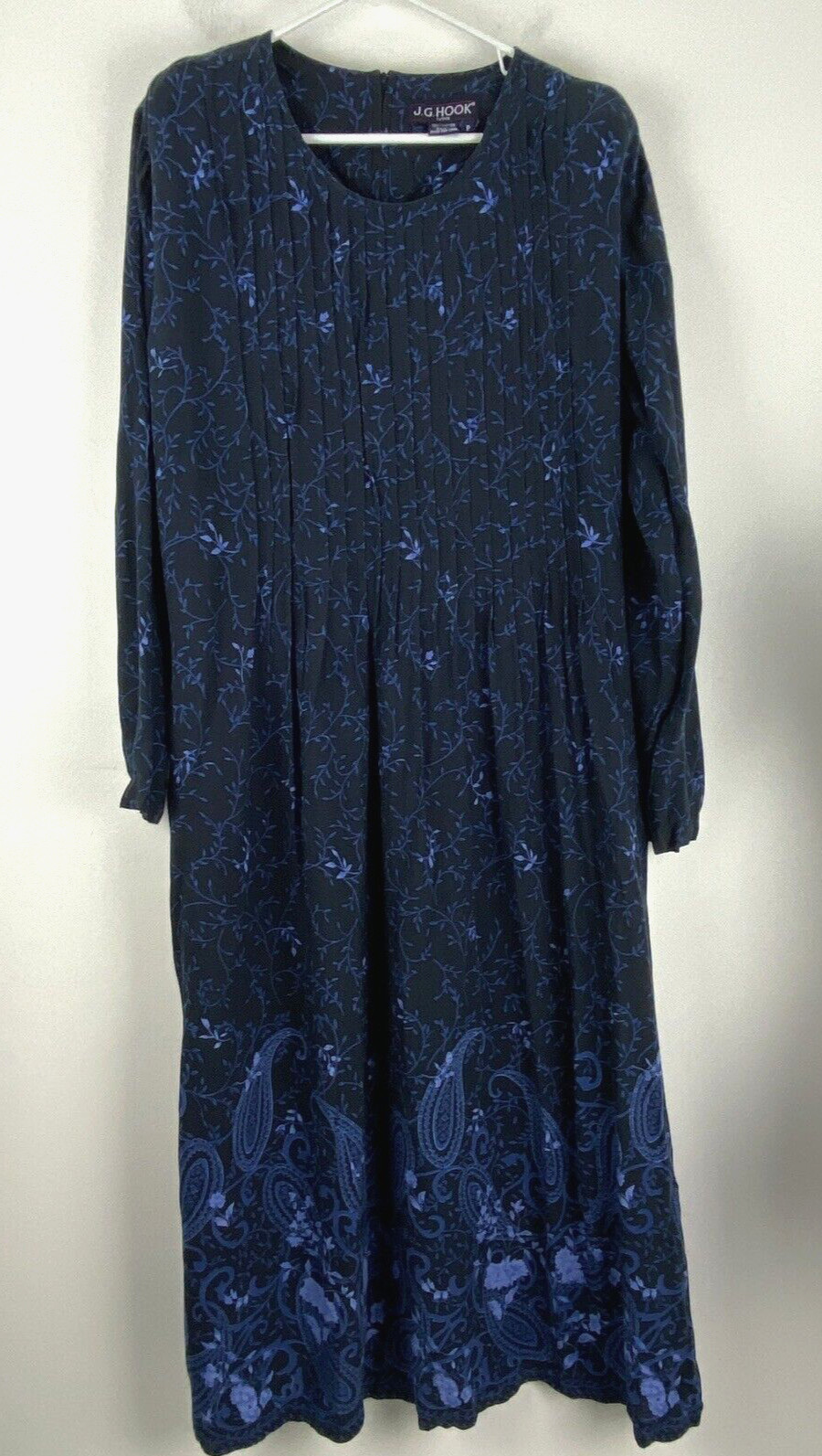 Vintage 80’s JG Hook Long Sleeve Pleated Navy Blue Floral Paisley Dress Size XLP