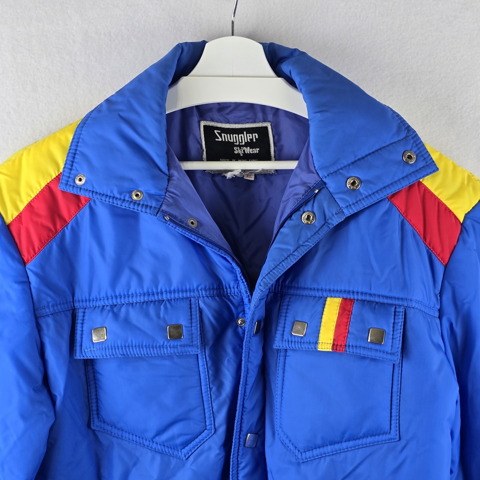 Vintage 80s Snuggler Ski Wear Jacket XL Blue Yellow Red Stripe Retro Colorful