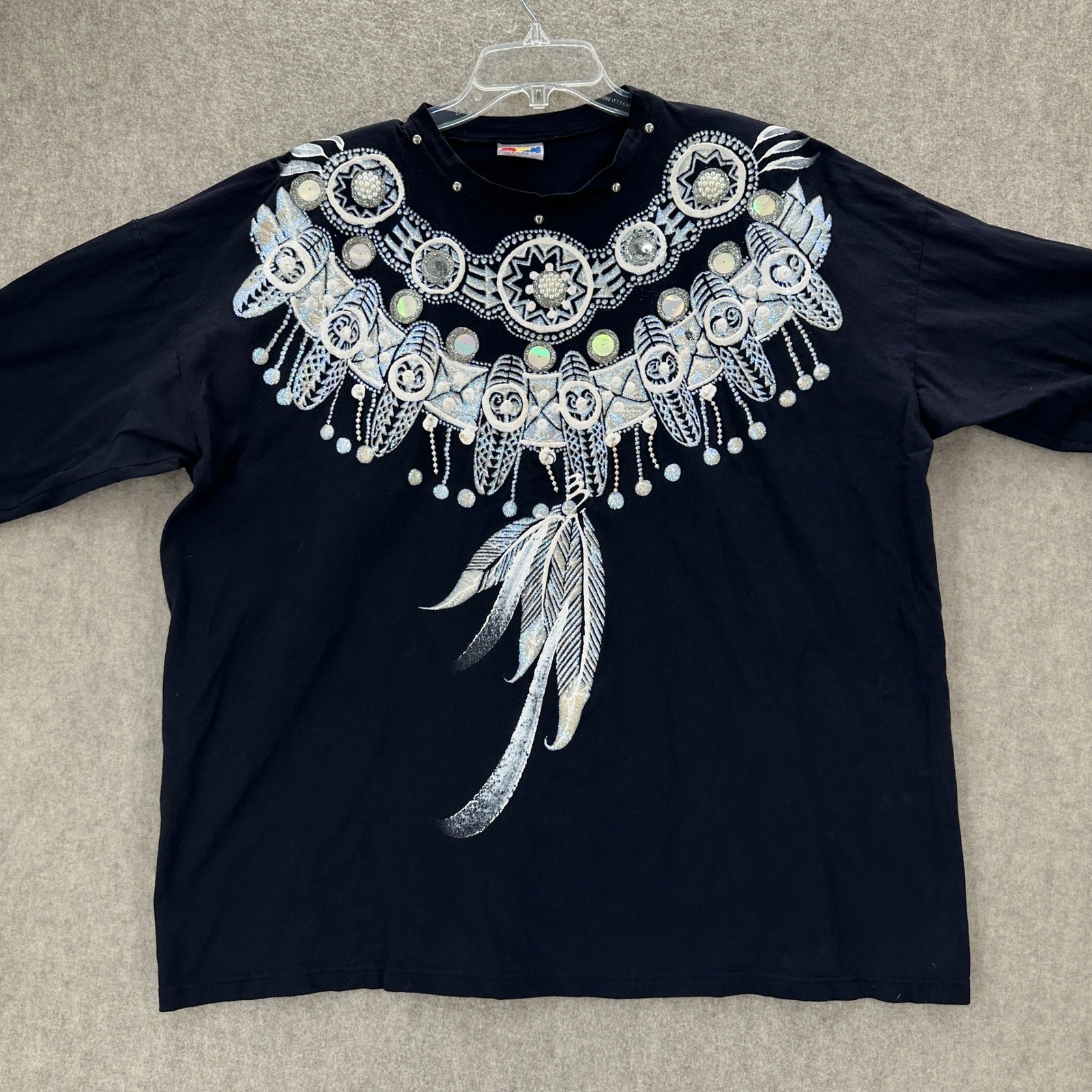 VTG Black Paint Embellished Long Sleeve T-Shirt Feather Southwestern Boho Dolman