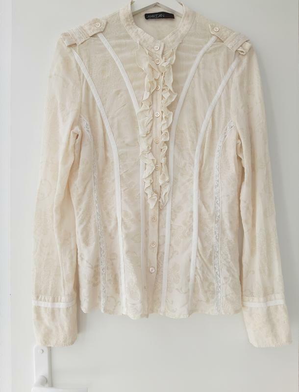 Vintage 90’s Marc Cain Woman Silk Blouse Chiffon Lace Shirt Ivory Buttons Size 4