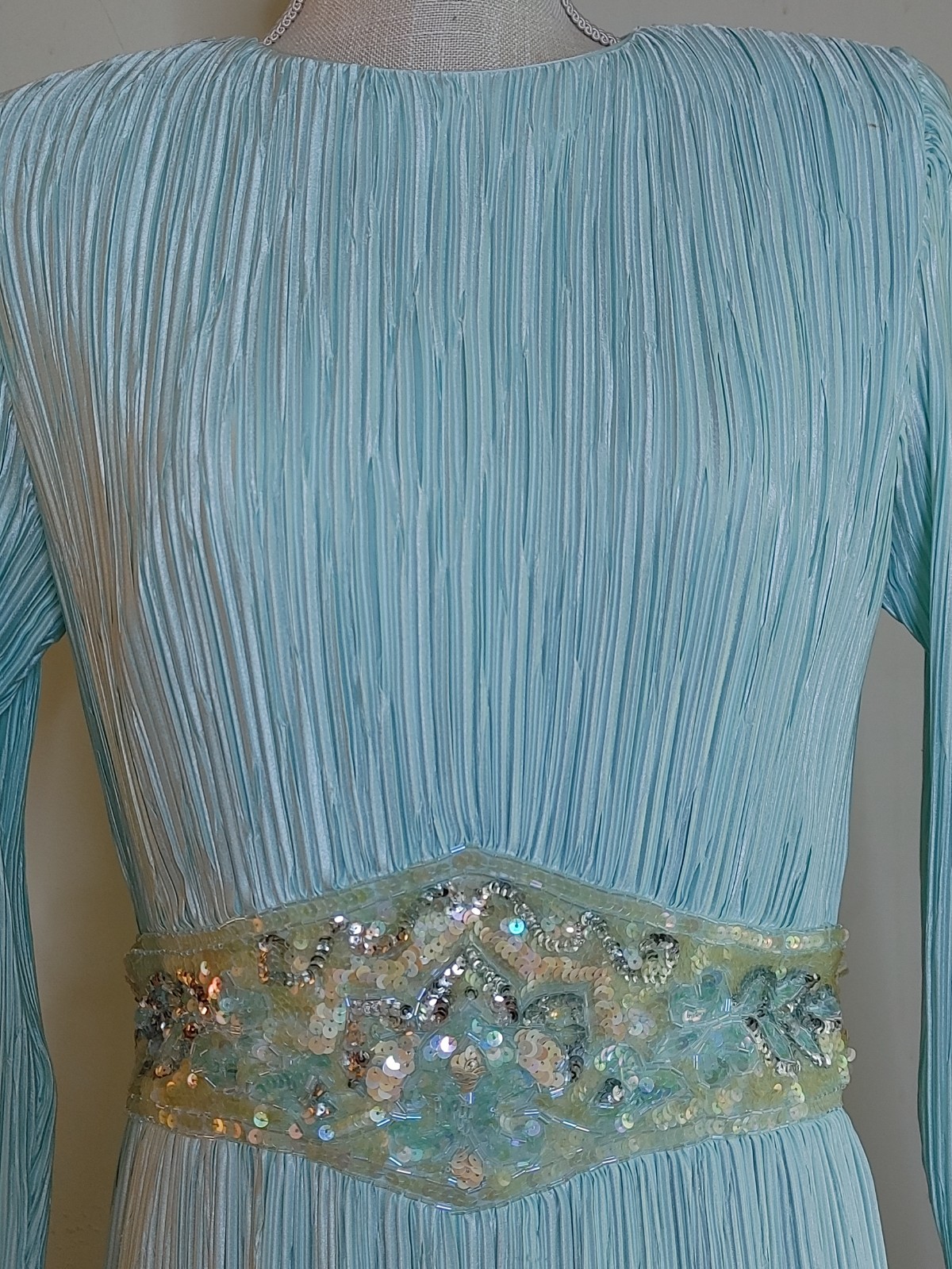Vintage Ricki Lang Nuit Fortuny Pleat Evening Dress Deco Sequin 14 USA Union tag