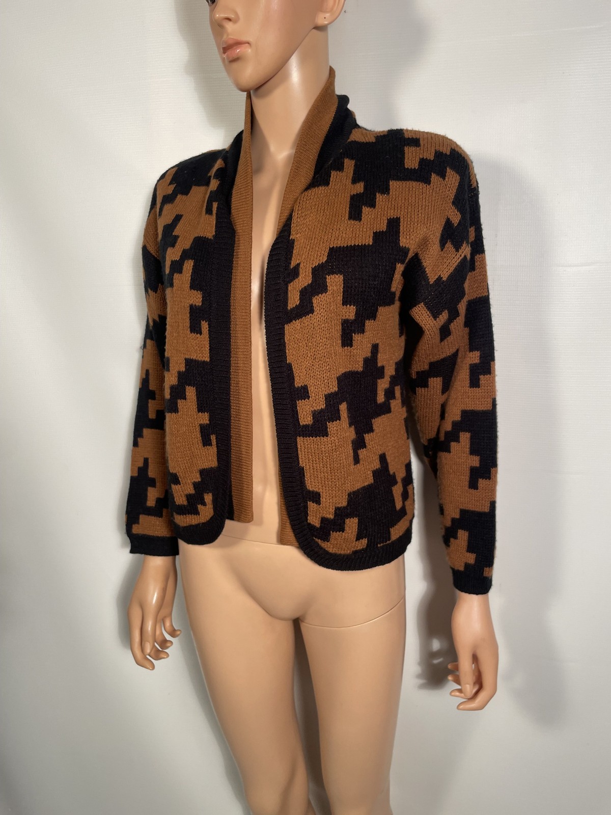 Vintage 1980s Brown Houndstooth Cardigan With Attached Collar Tie Size M