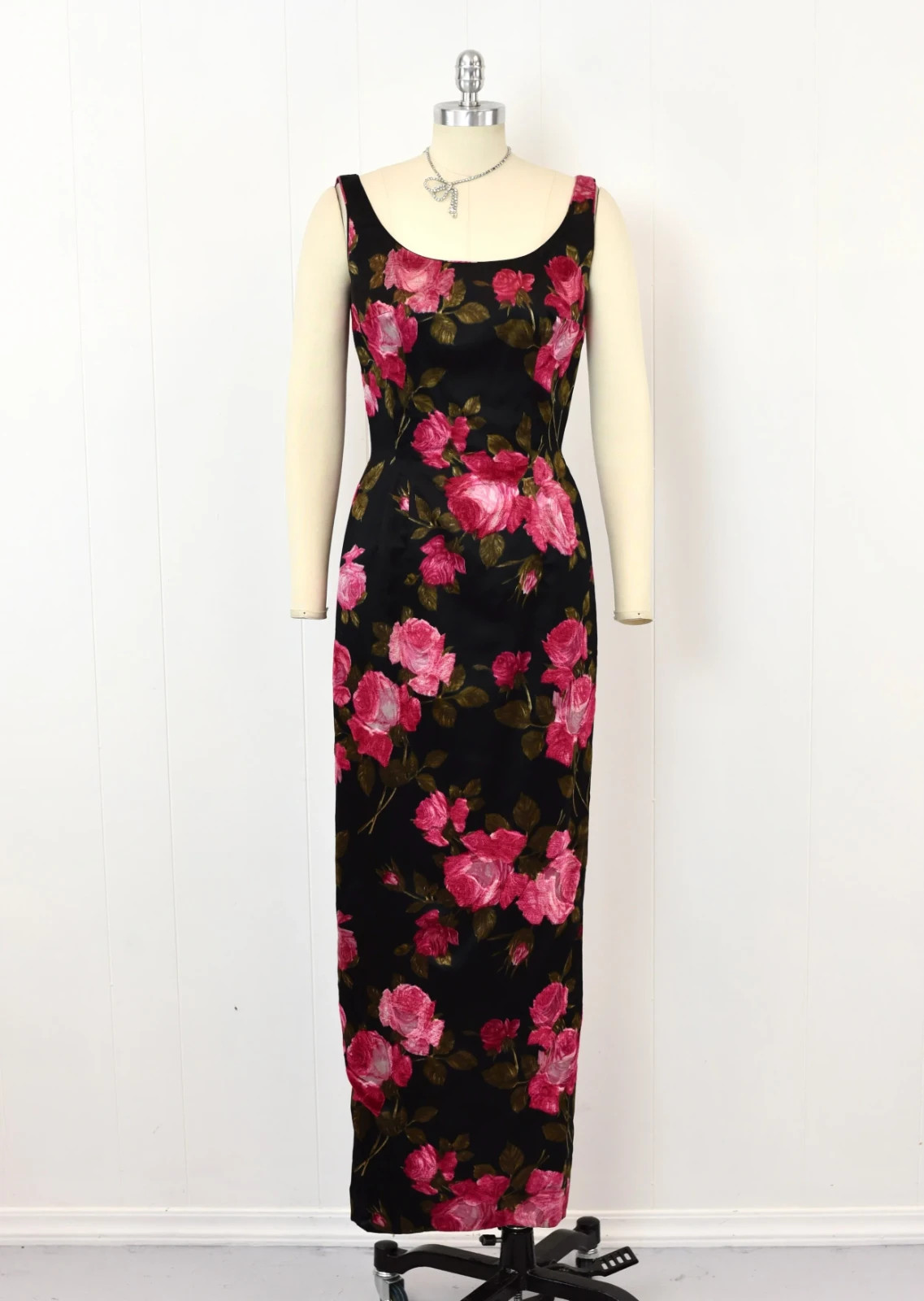 Vintage 1960s Mr. Blackwell Pink Floral Black Silk Gown Dress with Matching Wrap