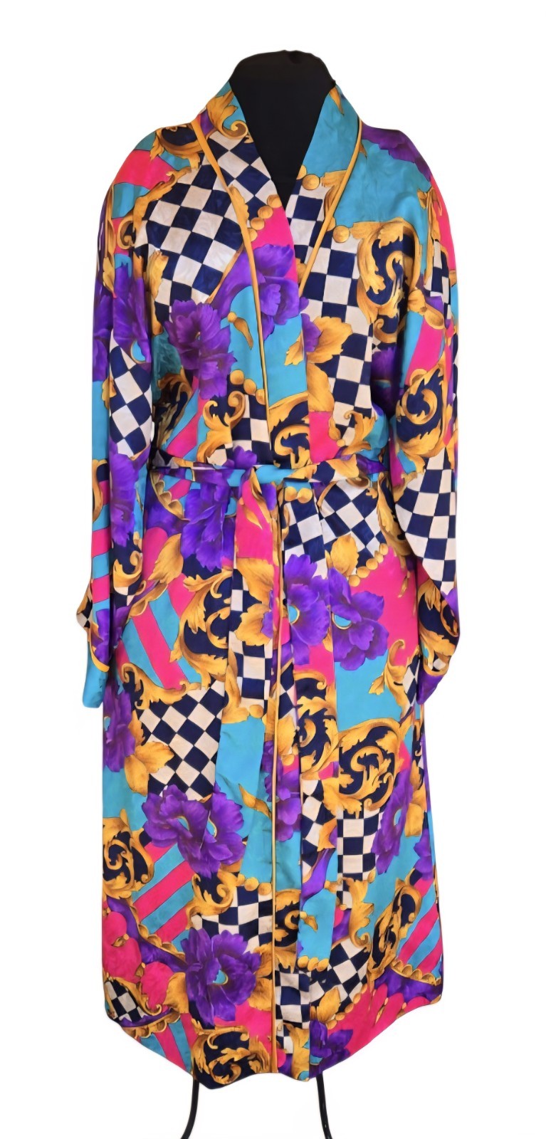 1970s GEORGETTE TRABOLSI FOR NEIMAN MARCUS Vibrant Colorful Polyester Robe Sz M