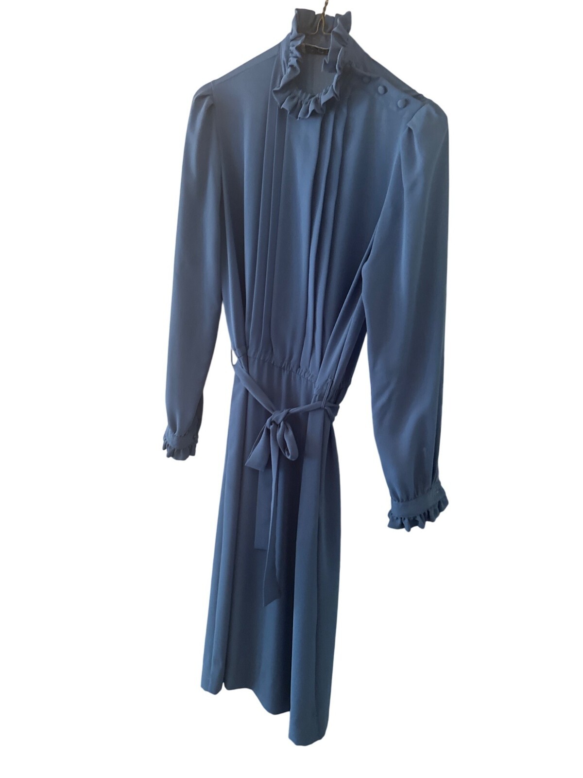 Vintage Ms. Chaus Blue Long-Sleeve Dress Ruffle Collar & Button Details Size 6