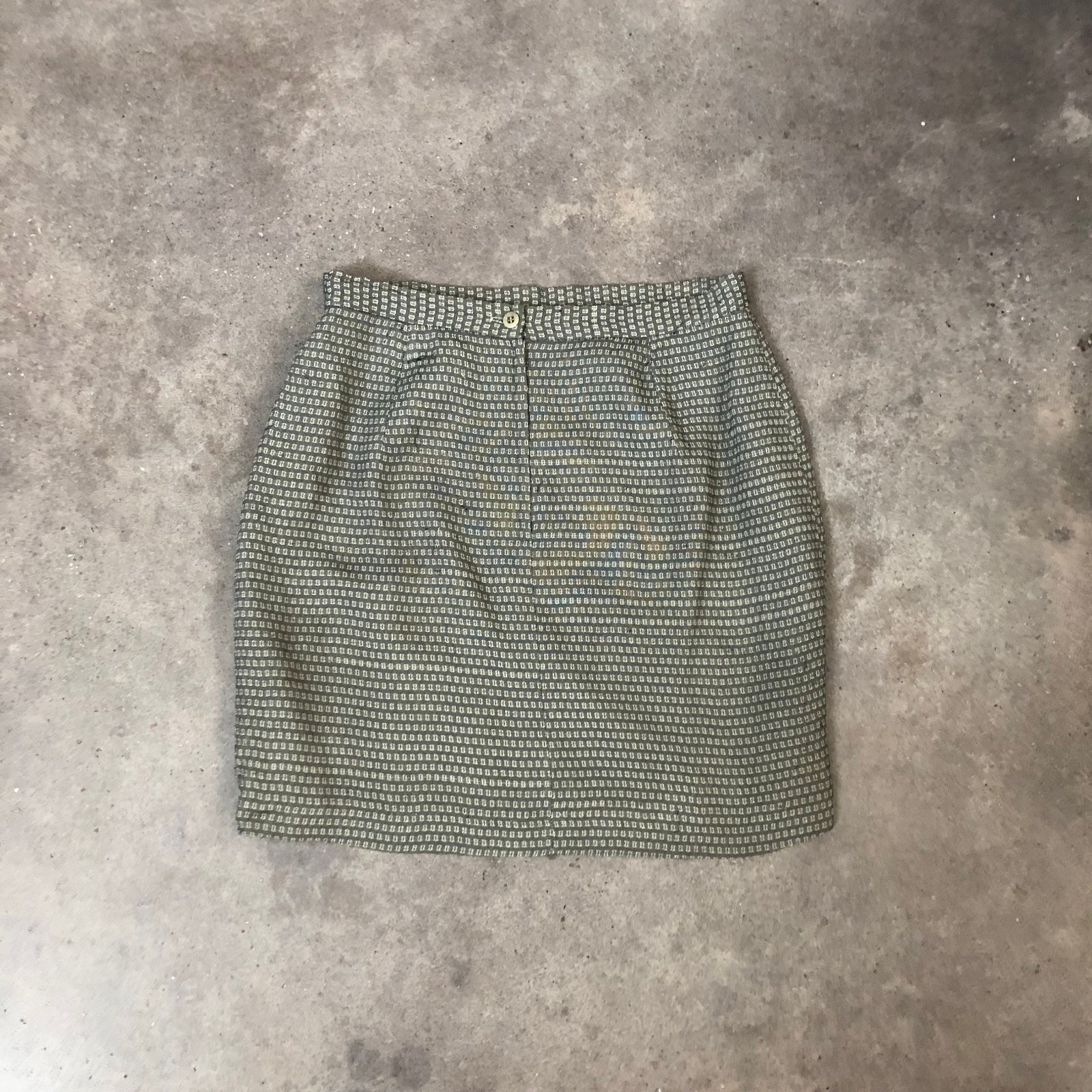 Vintage 90s Silky Mini Skirt M Gray Beige Woven Pattern High Waisted Pencil