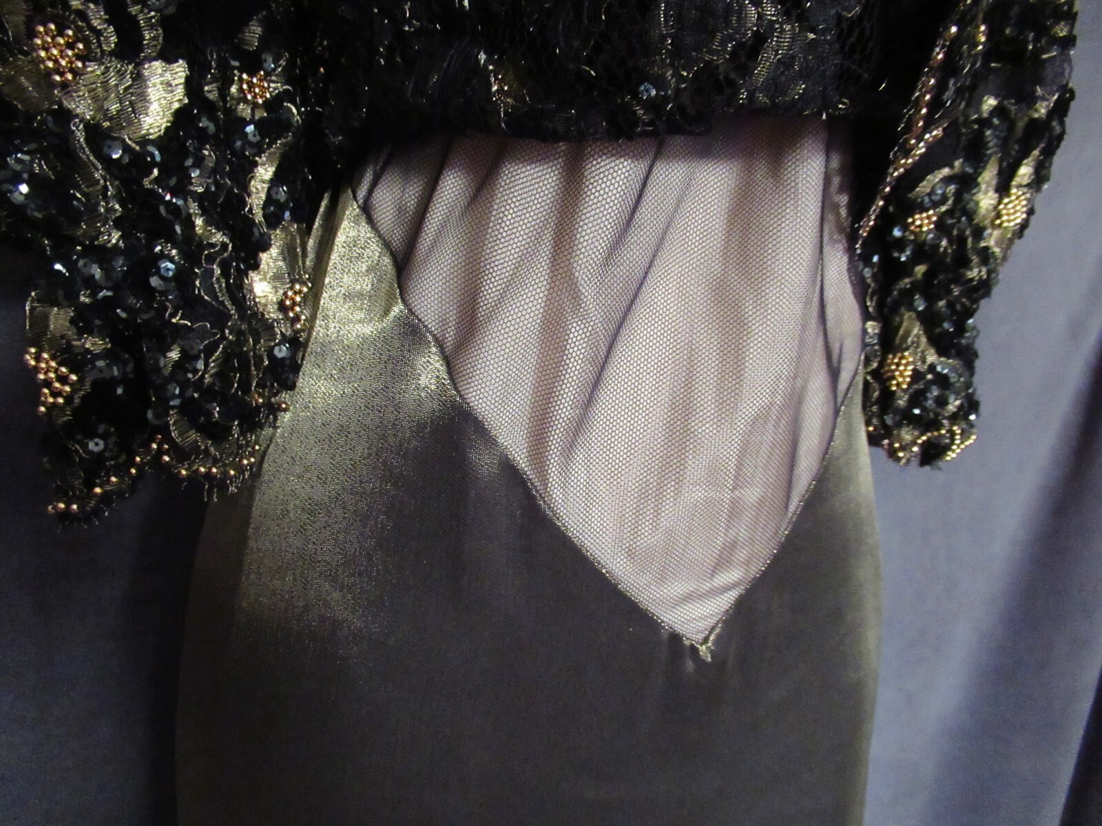 Vintage Digna Yero Black Gold Metallic Sequin Lace Bead Backless Formal Dress 8