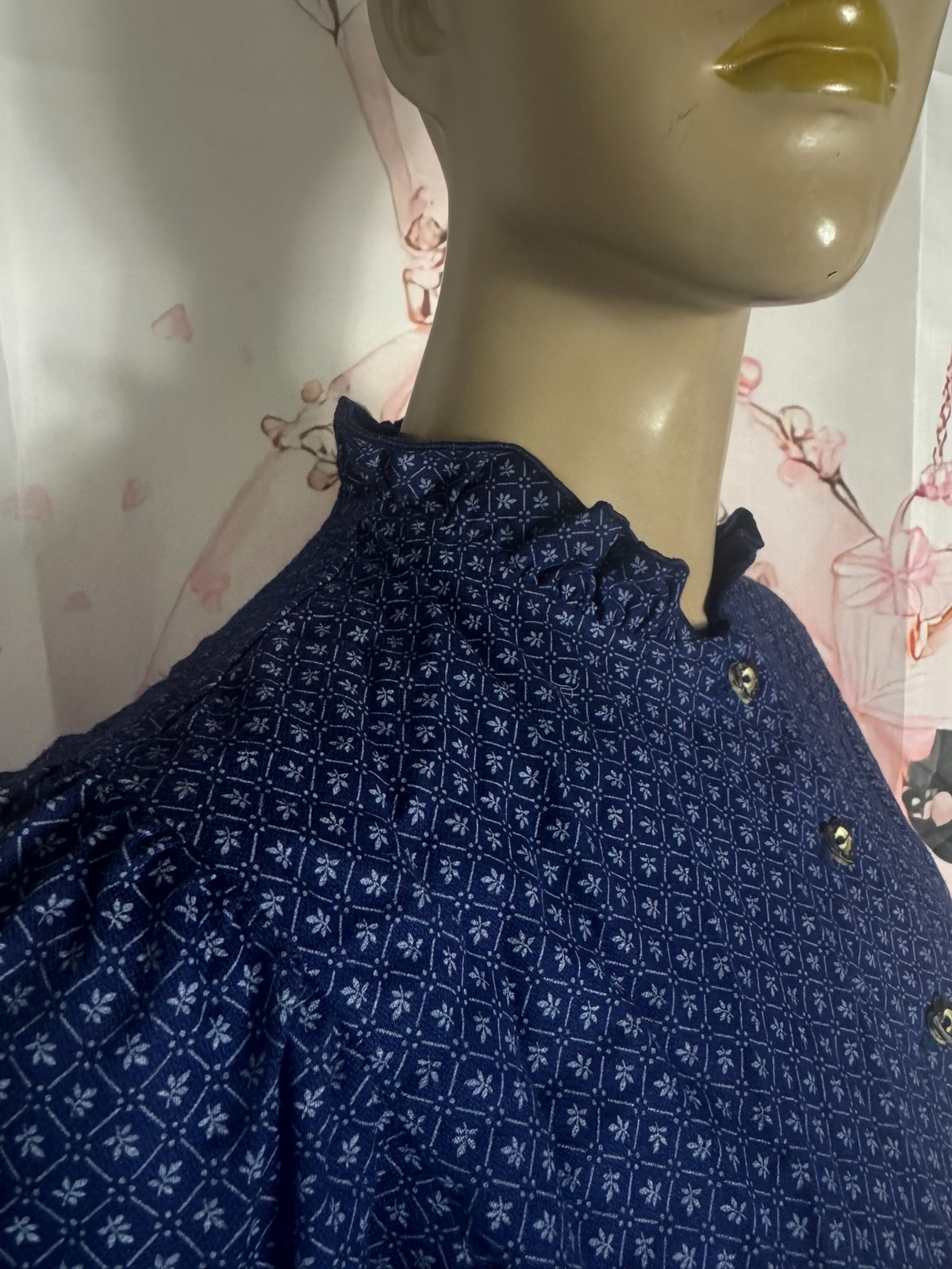 Vintage Country House Dress Blue 70s Cotton Puff Sleeve Costume Dress Size 34 36 38