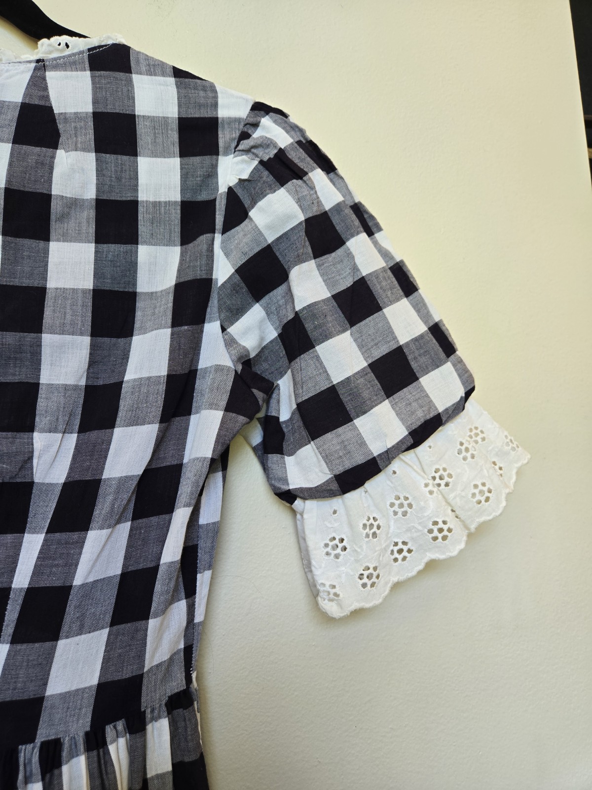 Vintage Womens Gingham Check Dress Eyelet Black White Dainty Sz Xs S 4 Prarie
