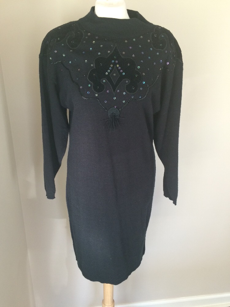 Vintage 80s A’Milano Black Sweater Dress Sequins Tassel Faux Suede Sz L