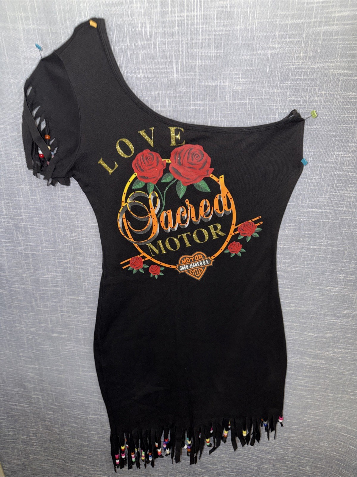 NWT Motorcycle Biker Dress Love Sexy Jnco Beaded Fringe Sacred Asymmetrical M