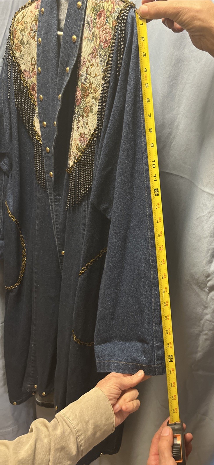 RARE Vintage 80s Charle Casuals Beaded Tapestry Gold Denim DUSTER BOHO See Pix