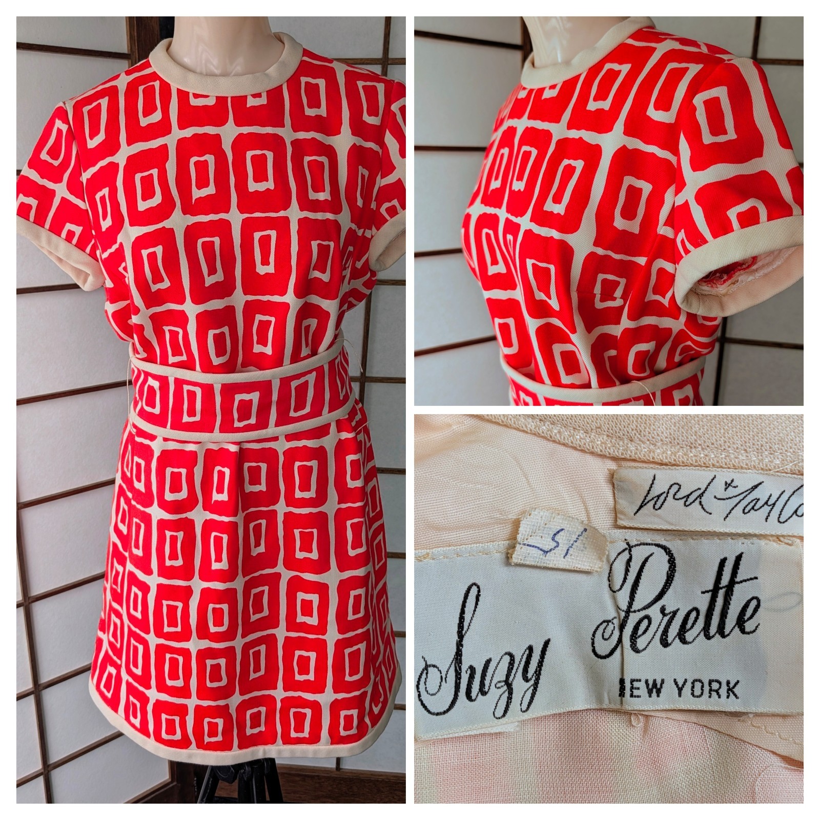 Vtg 1960s Suzy Perette New York Geometric Print Mini Dress Day Glo Orange Sz ML