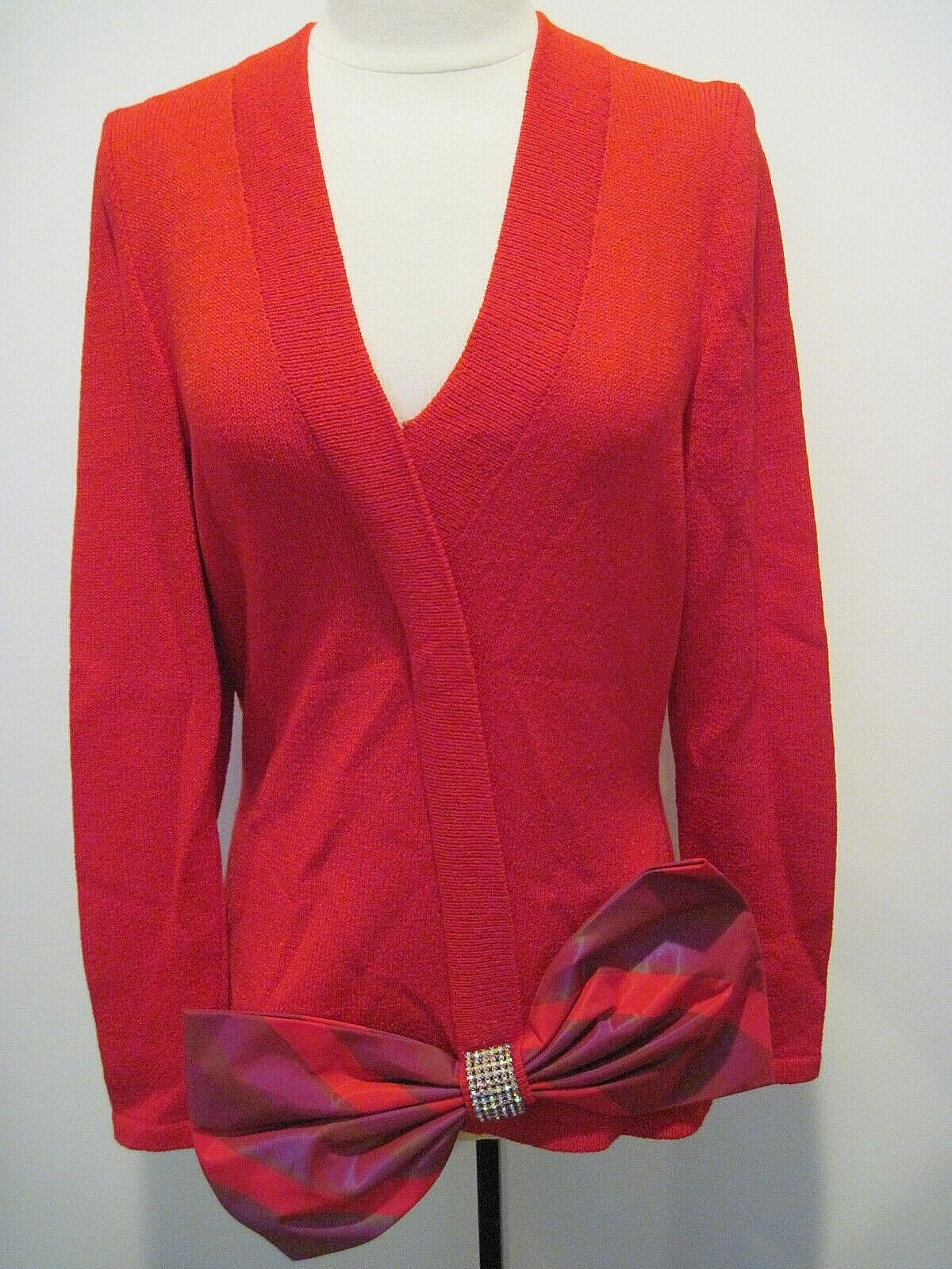 Raul Blanco Holiday Red Sweater Hand Loomed Rhinestone Taffeta Bow Size 8