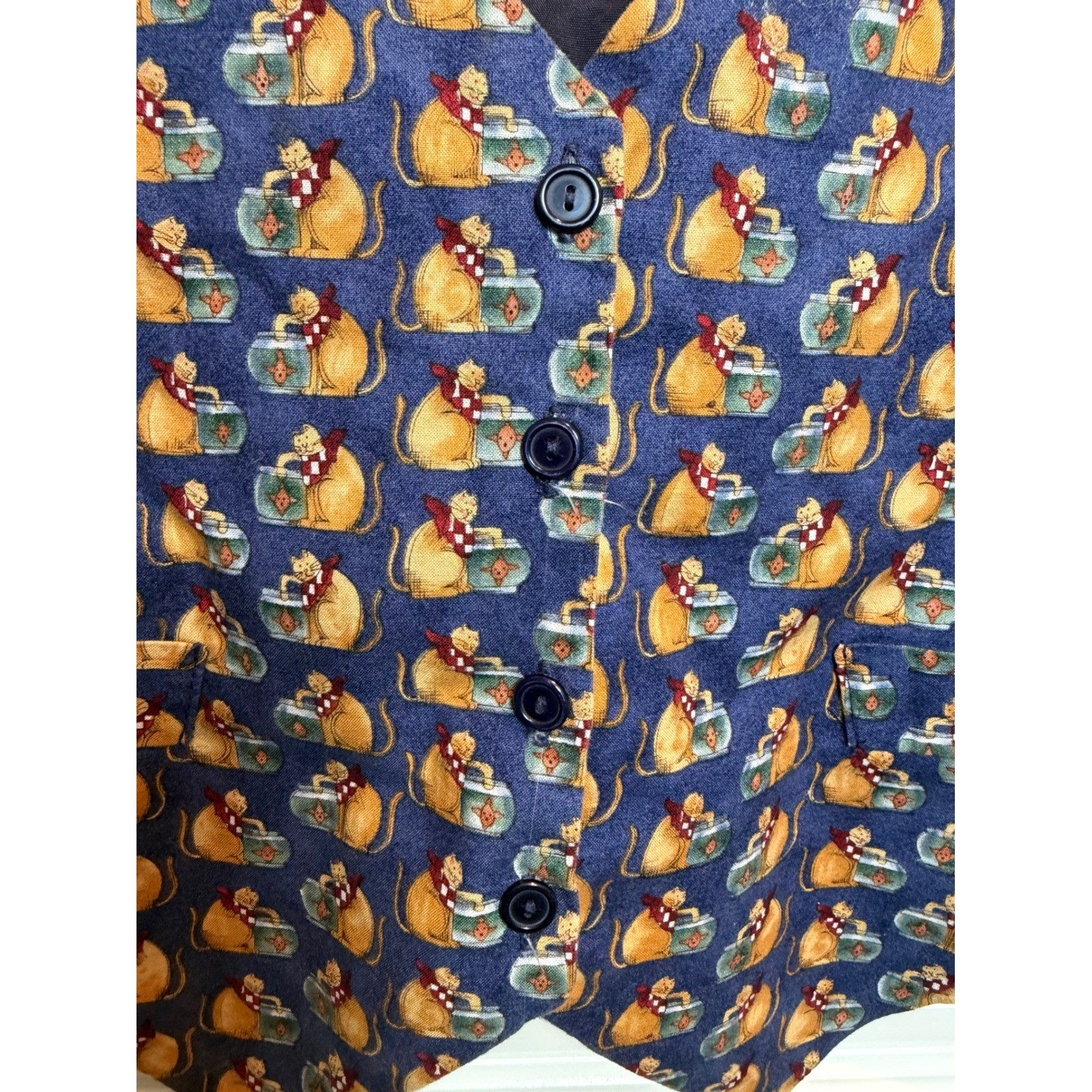 On Tour Vintage Cat Lover Novelty Print Vest Blue Cotton Button Front Large USA