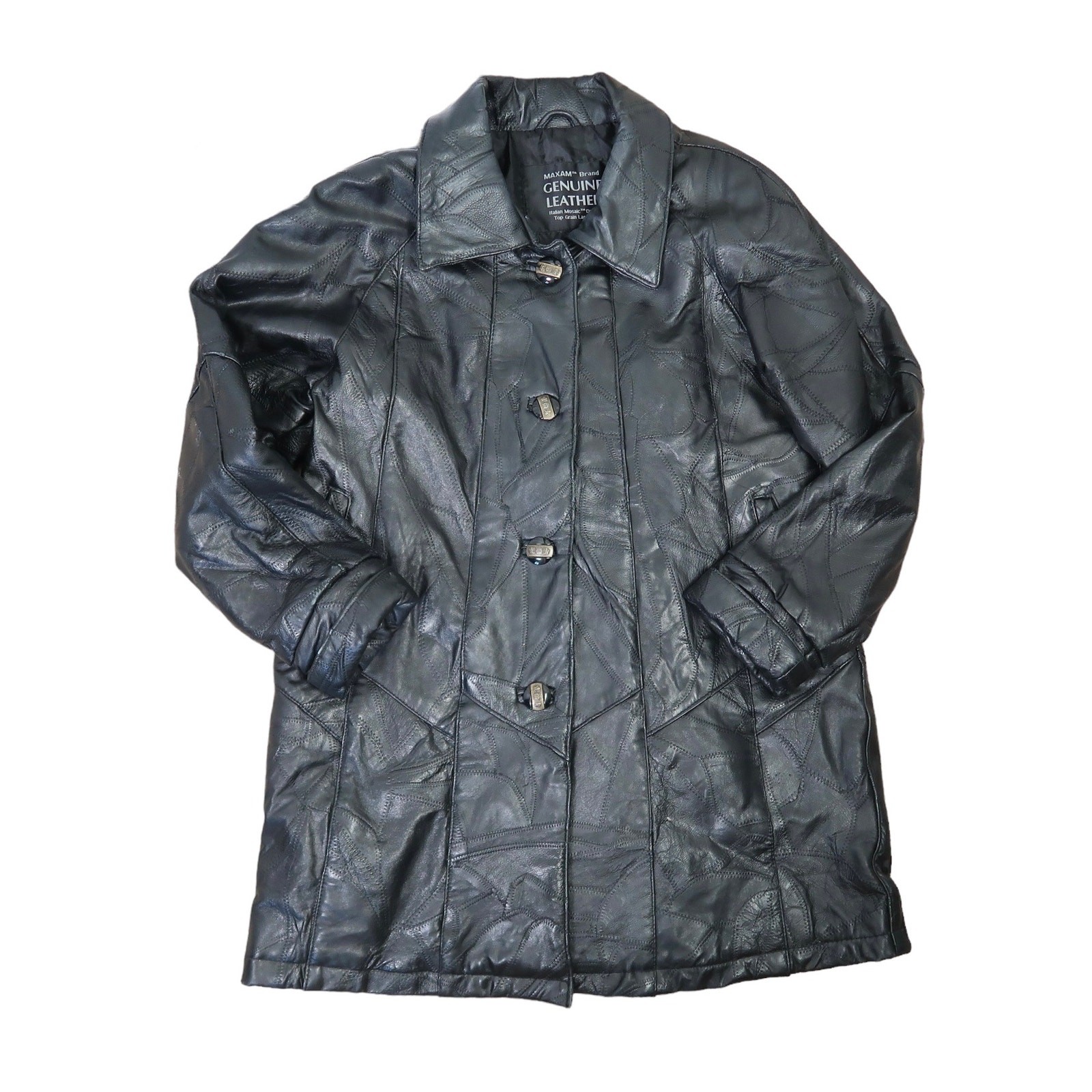Vintage 90s Maxam Black Patchwork Lambskin Leather Coat Jacket M