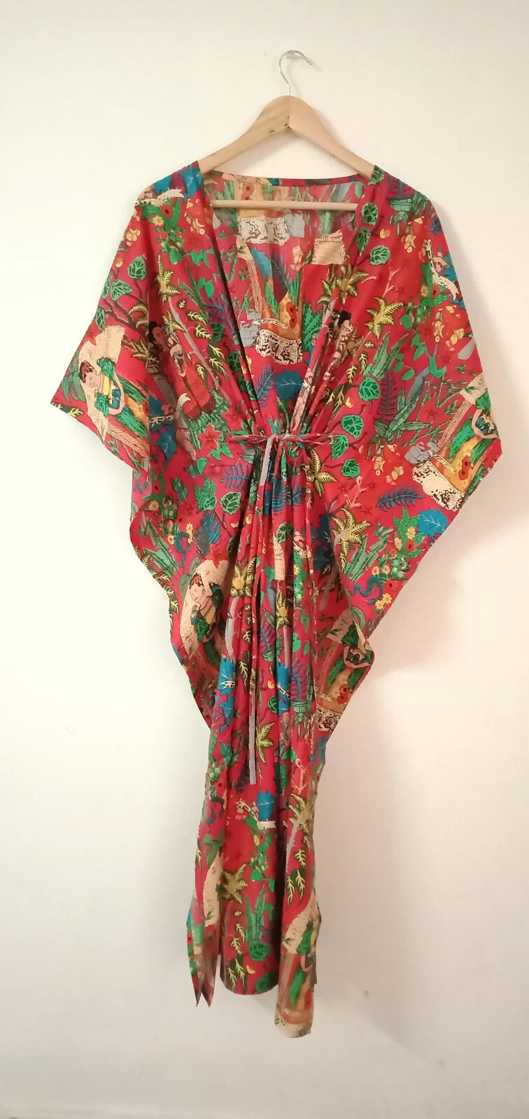 Frida Kahlo Design Caftan Indian Bohemian Nightwear Red Dress Long Kaftan Maxi