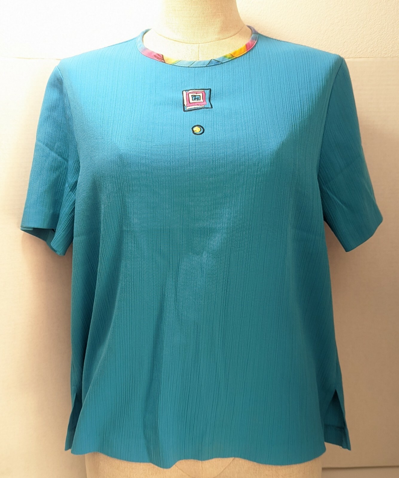 VTG 80s G.W. Division of Graff Short Med Sleeve Blouse/Top Blue Made in the USA
