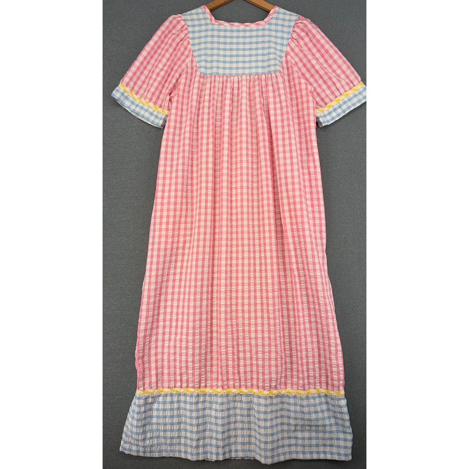 Vintage Styled by Saybury Gingham Seersucker Caftan Small Maxi Dress Pink Blue