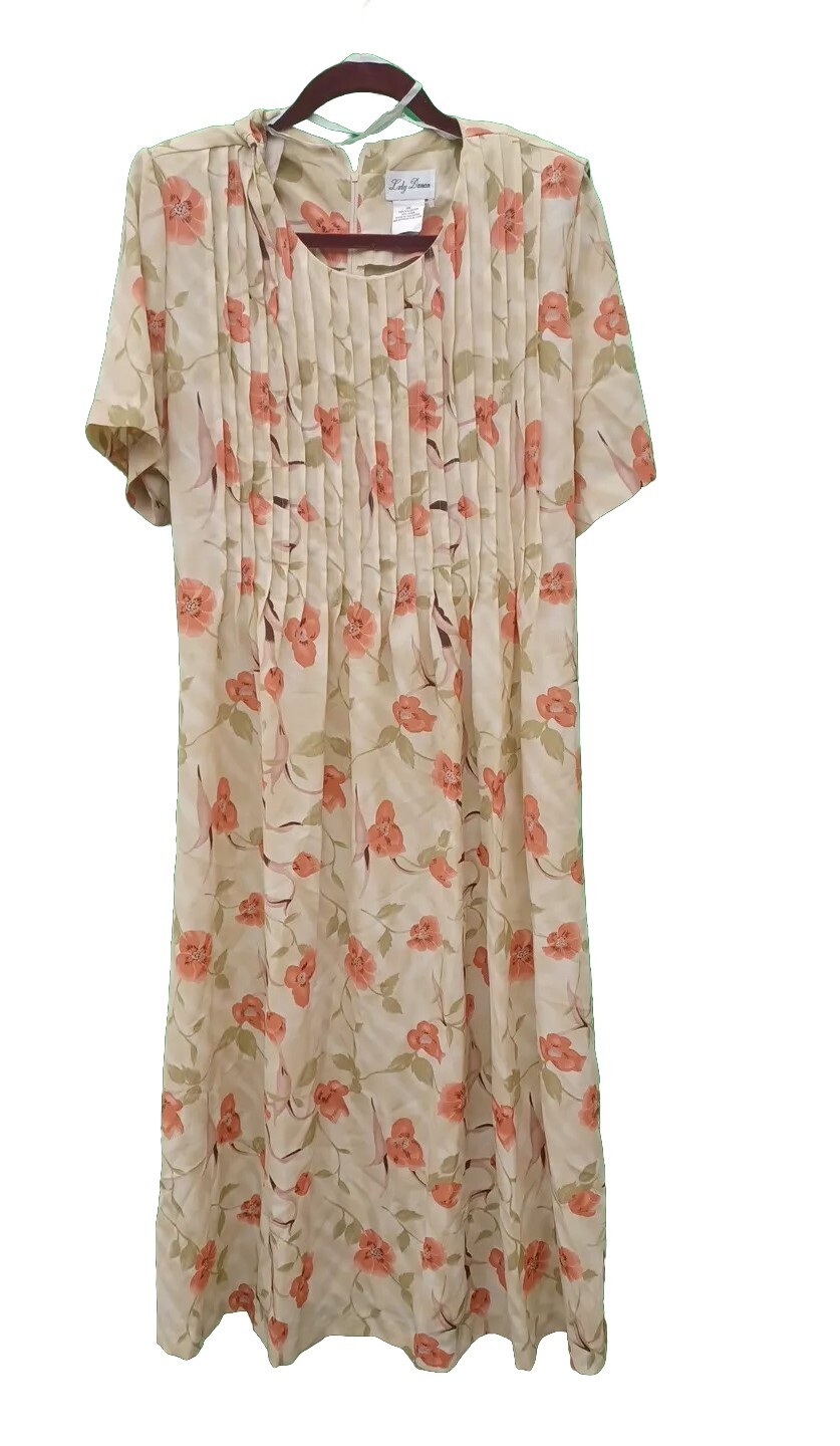 Vintage Lady Darian Dress 18W Cream Red Floral Tie Waist Tea Dress Shoulder Pads